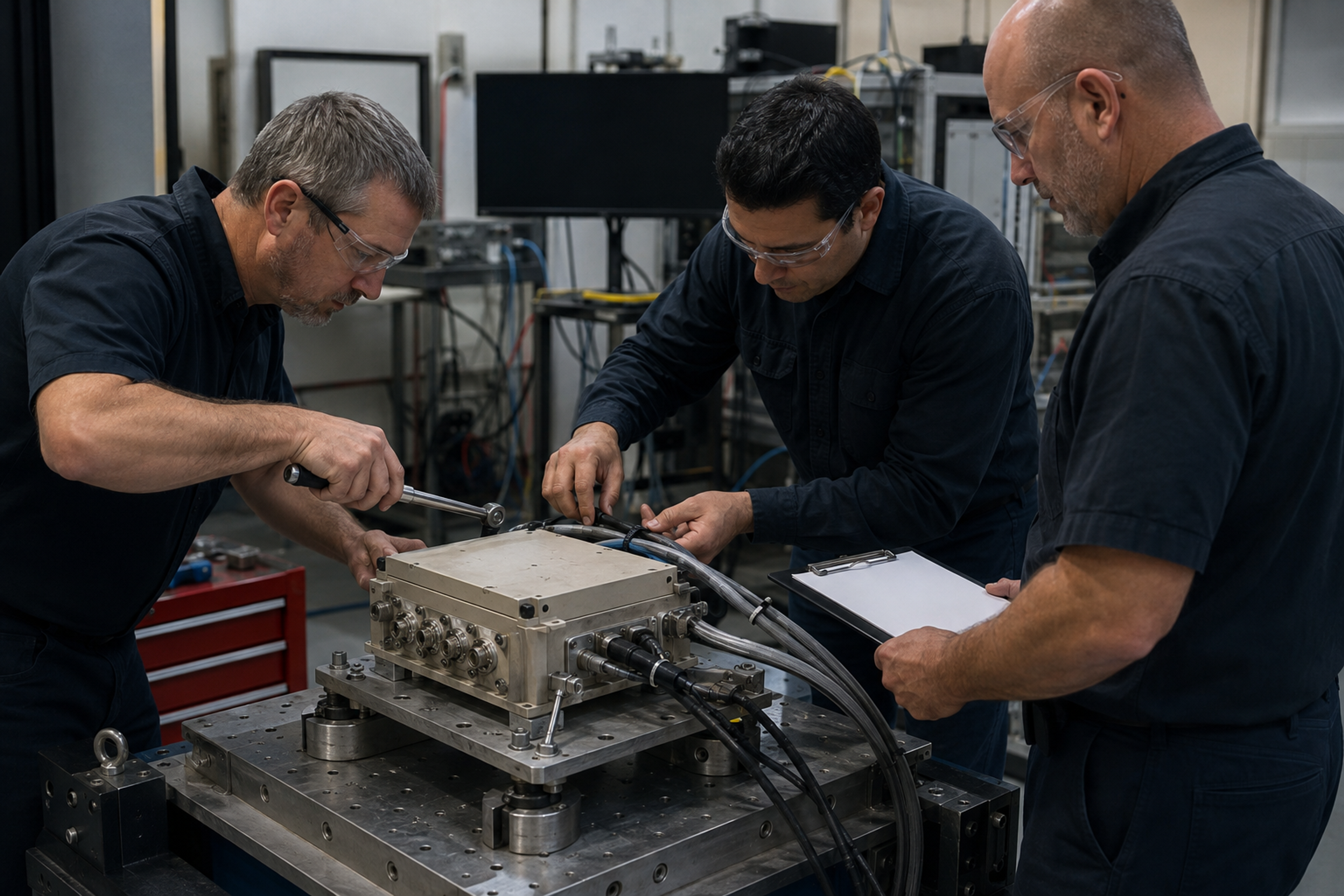 Aerospace test engineers prepare an electronics unit on a vibration-test fixture