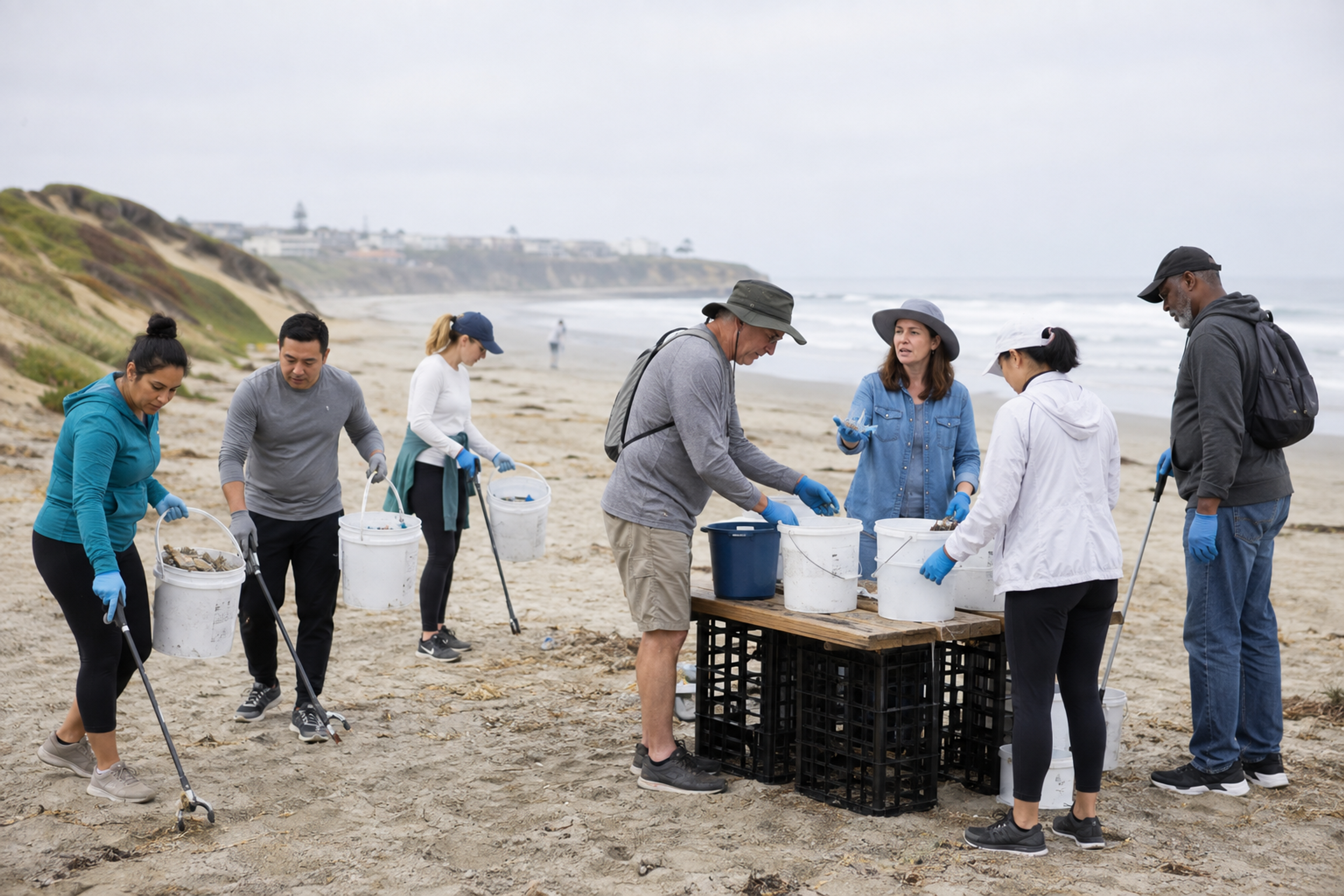 Coworkers collect and sort litter during an organized Southern California beach cleanup