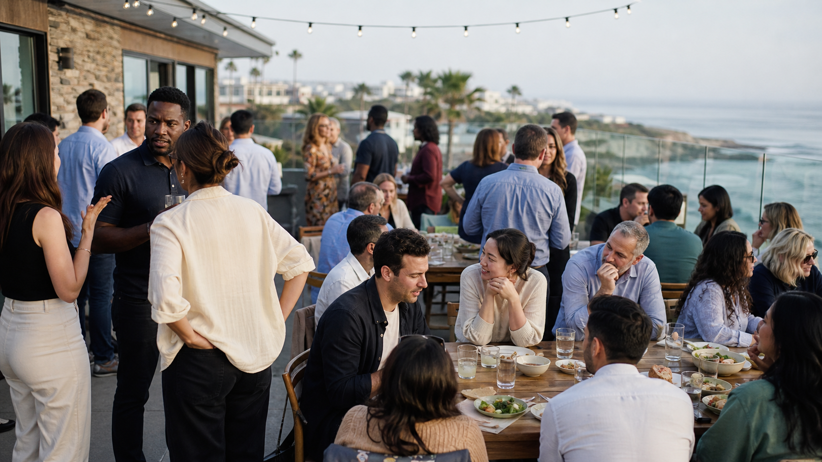 Coworkers gather for a hosted employee appreciation lunch on a Southern California coastal terrace
