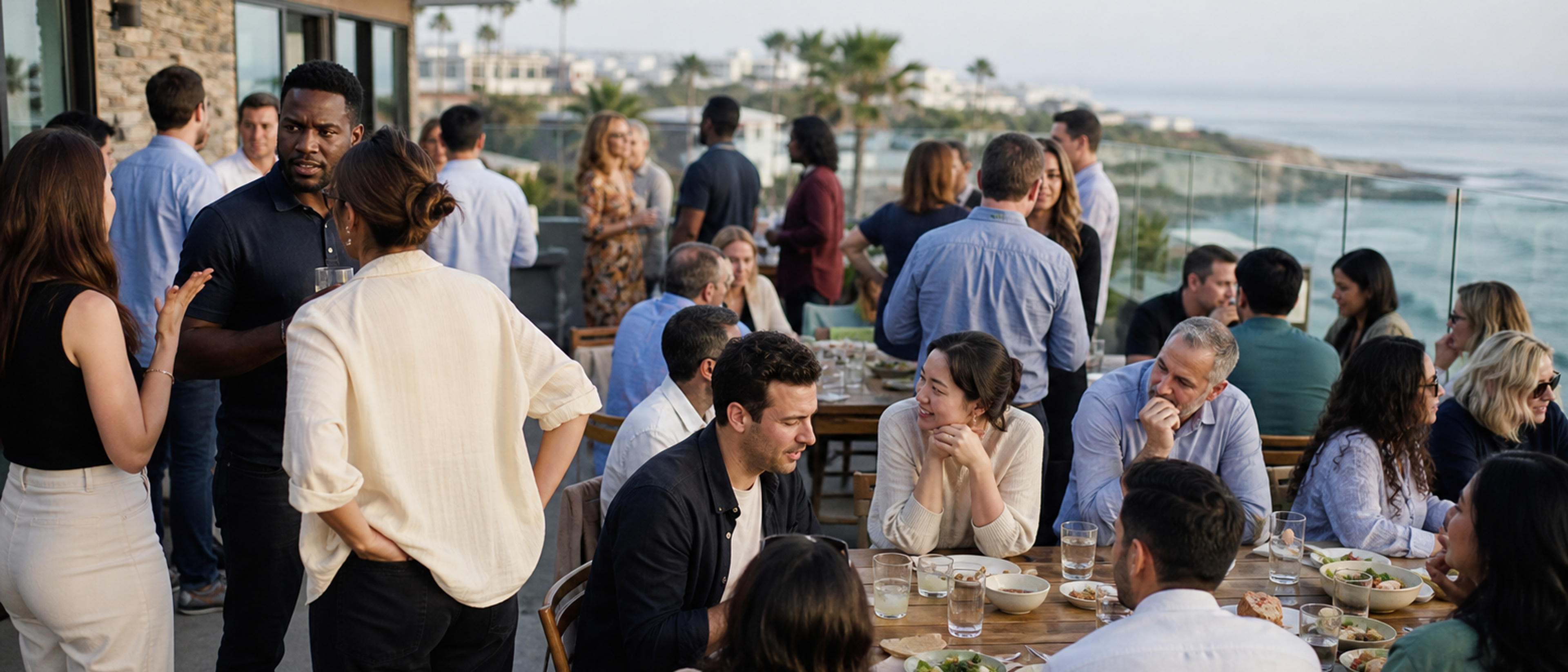 Coworkers gather for a hosted employee appreciation lunch on a Southern California coastal terrace