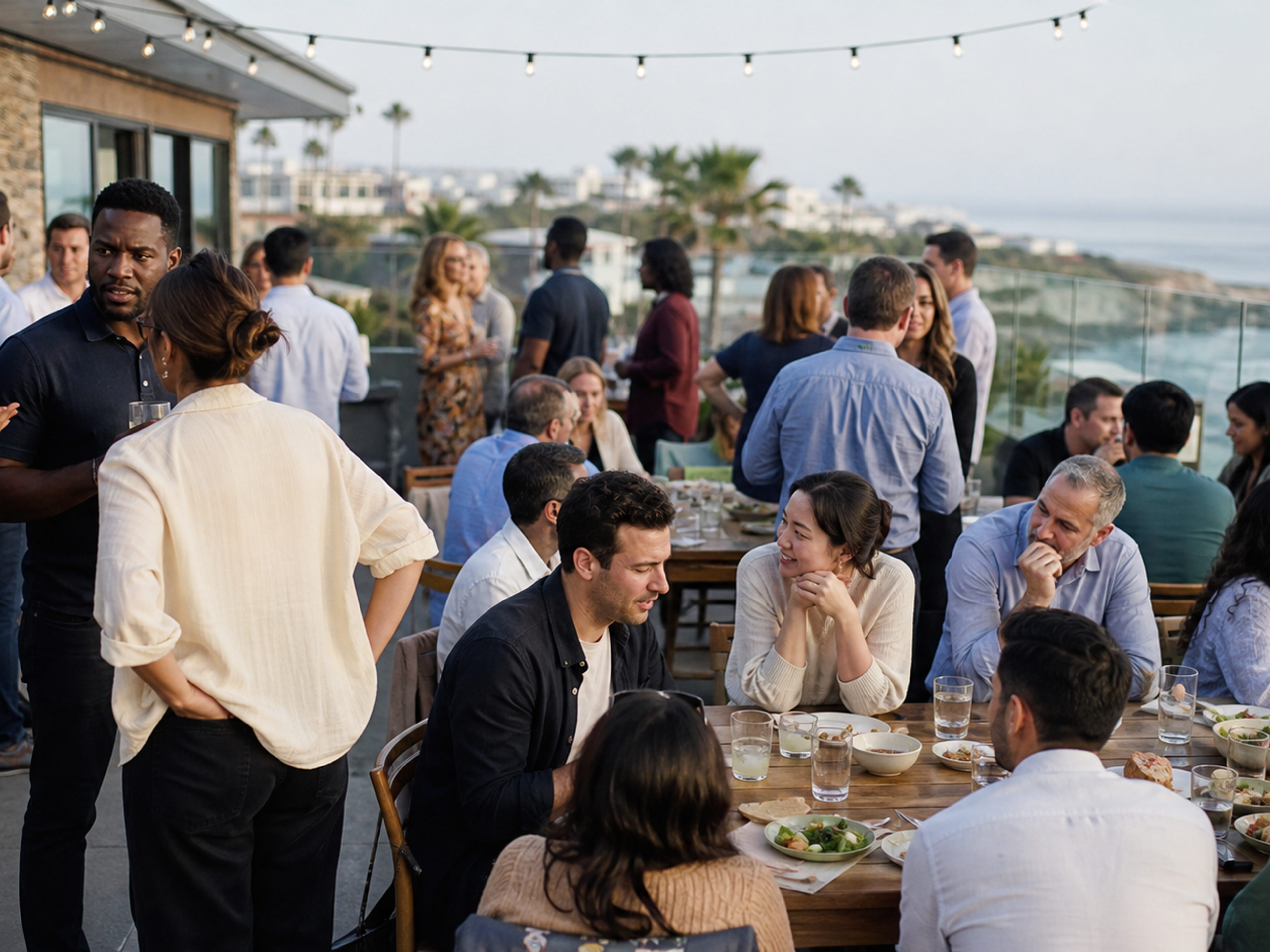 Coworkers gather for a hosted employee appreciation lunch on a Southern California coastal terrace