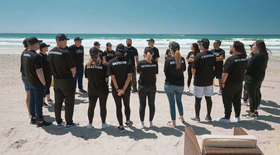 Colleagues gather for a facilitated team day on the beach at Camp Pendleton