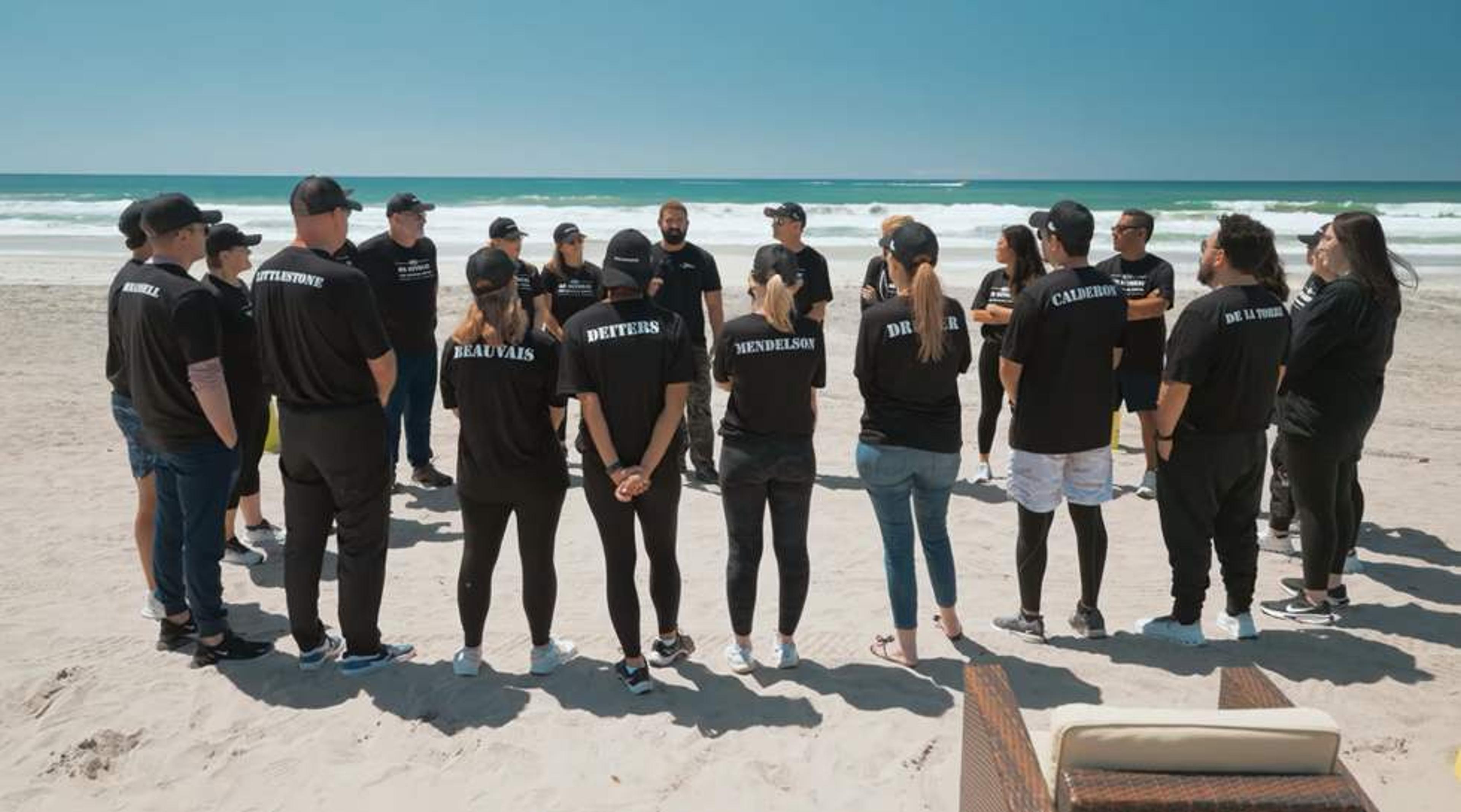Prime Hall briefs coworkers before facilitated beach teamwork at Camp Pendleton