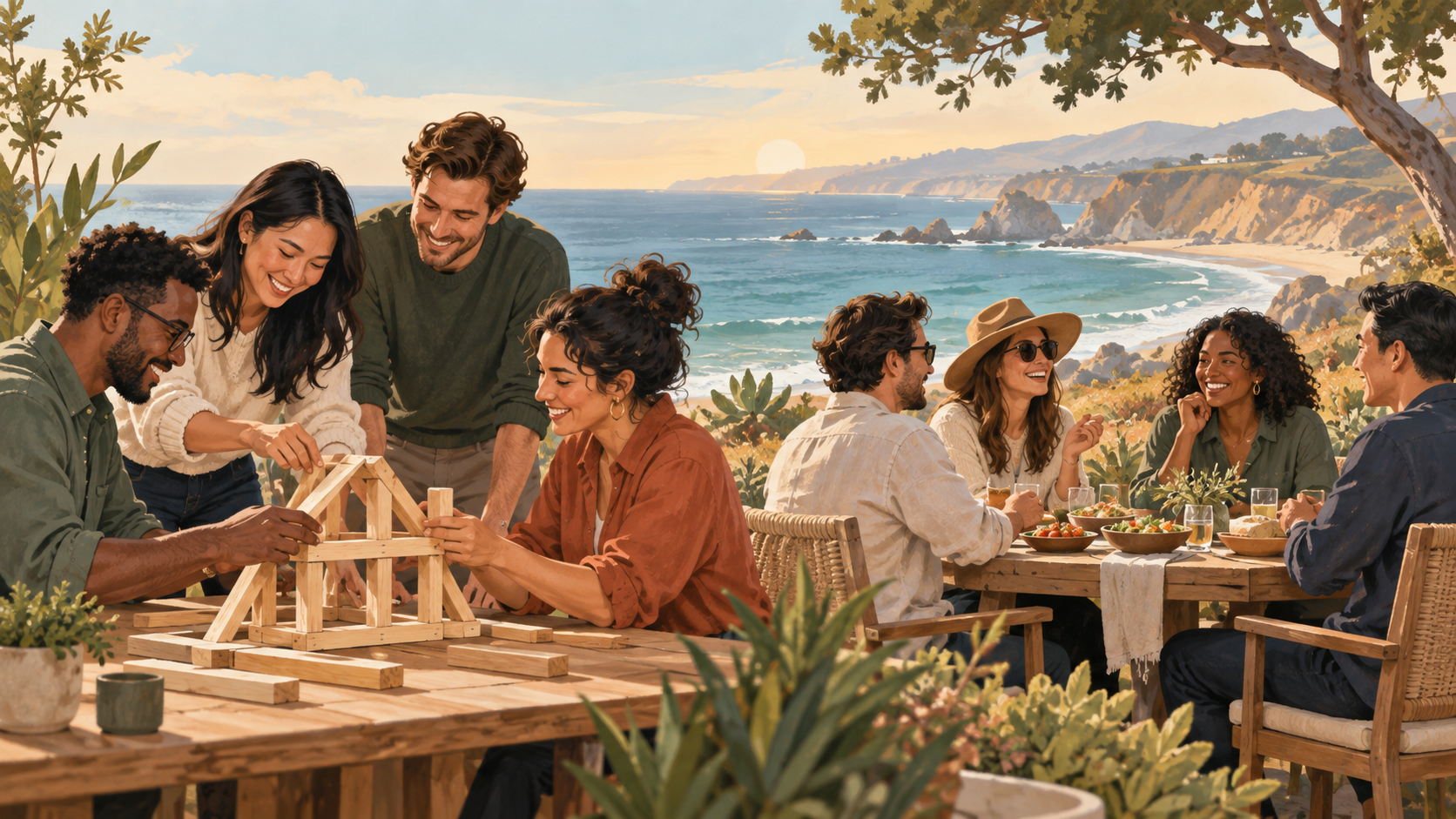 Illustration of colleagues completing a wooden construction challenge beside a group sharing an outdoor meal