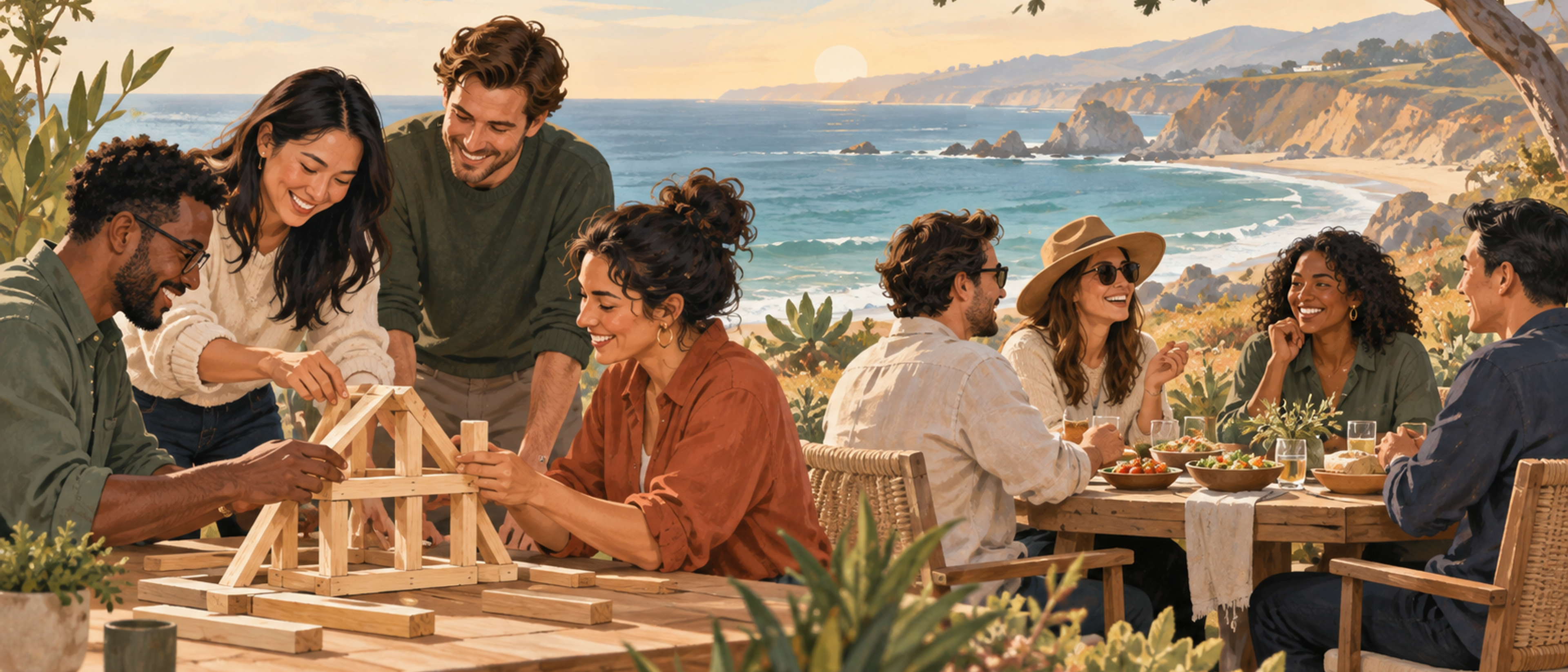 Illustration of colleagues completing a wooden construction challenge beside a group sharing an outdoor meal