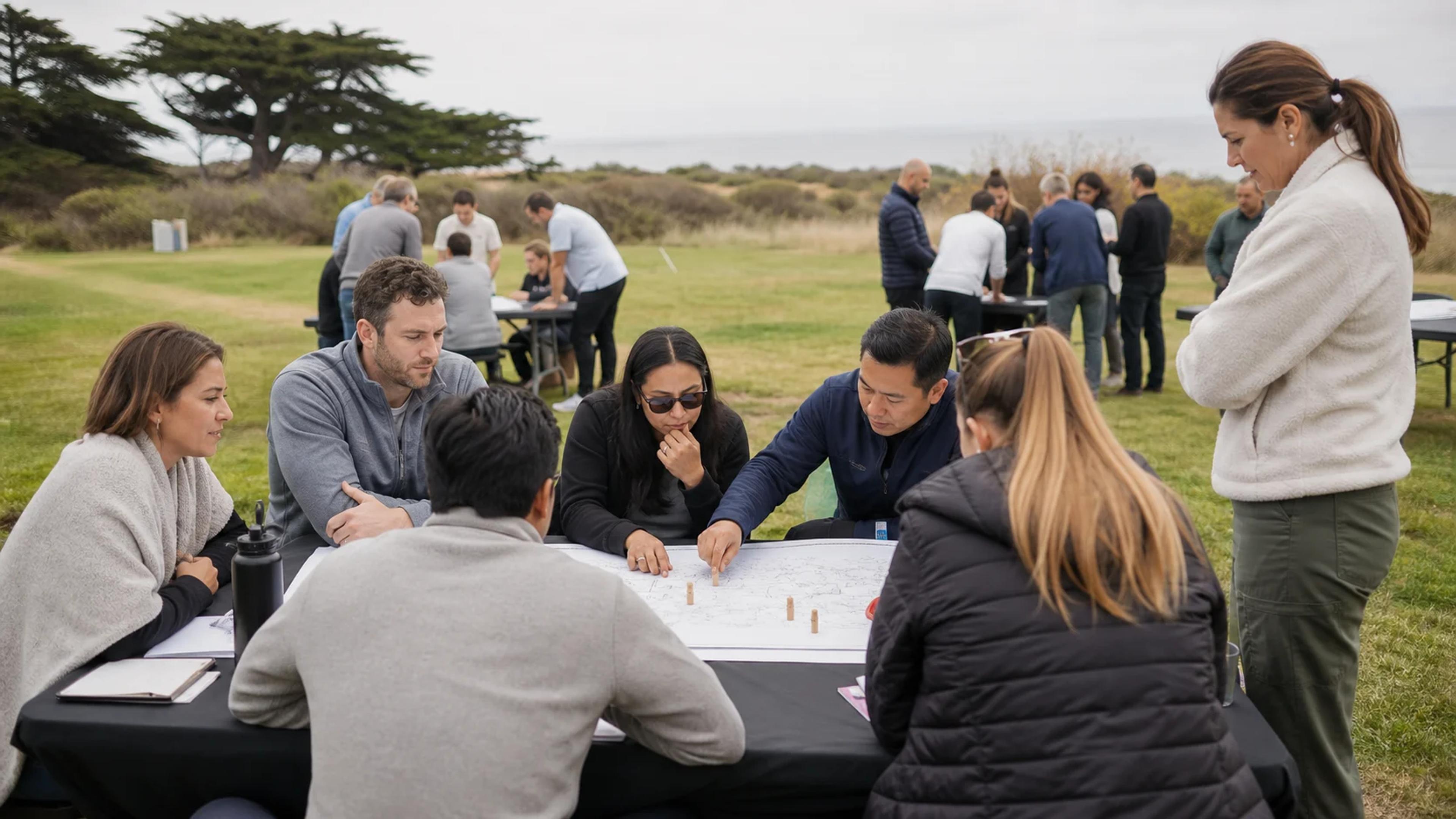 A large group of coworkers rotates through parallel outdoor collaboration stations