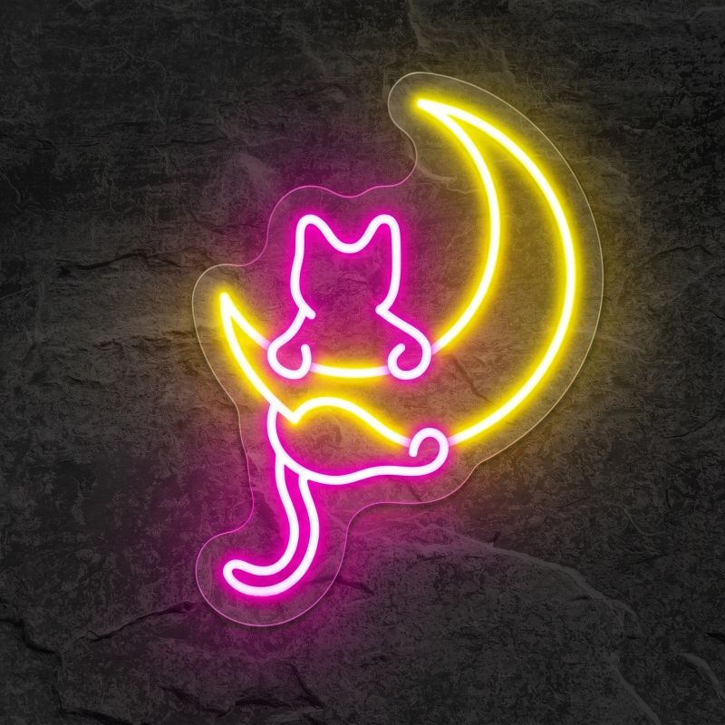 Néon Chat Lune Jaune et Rose - Néon personnalisé NeonStar