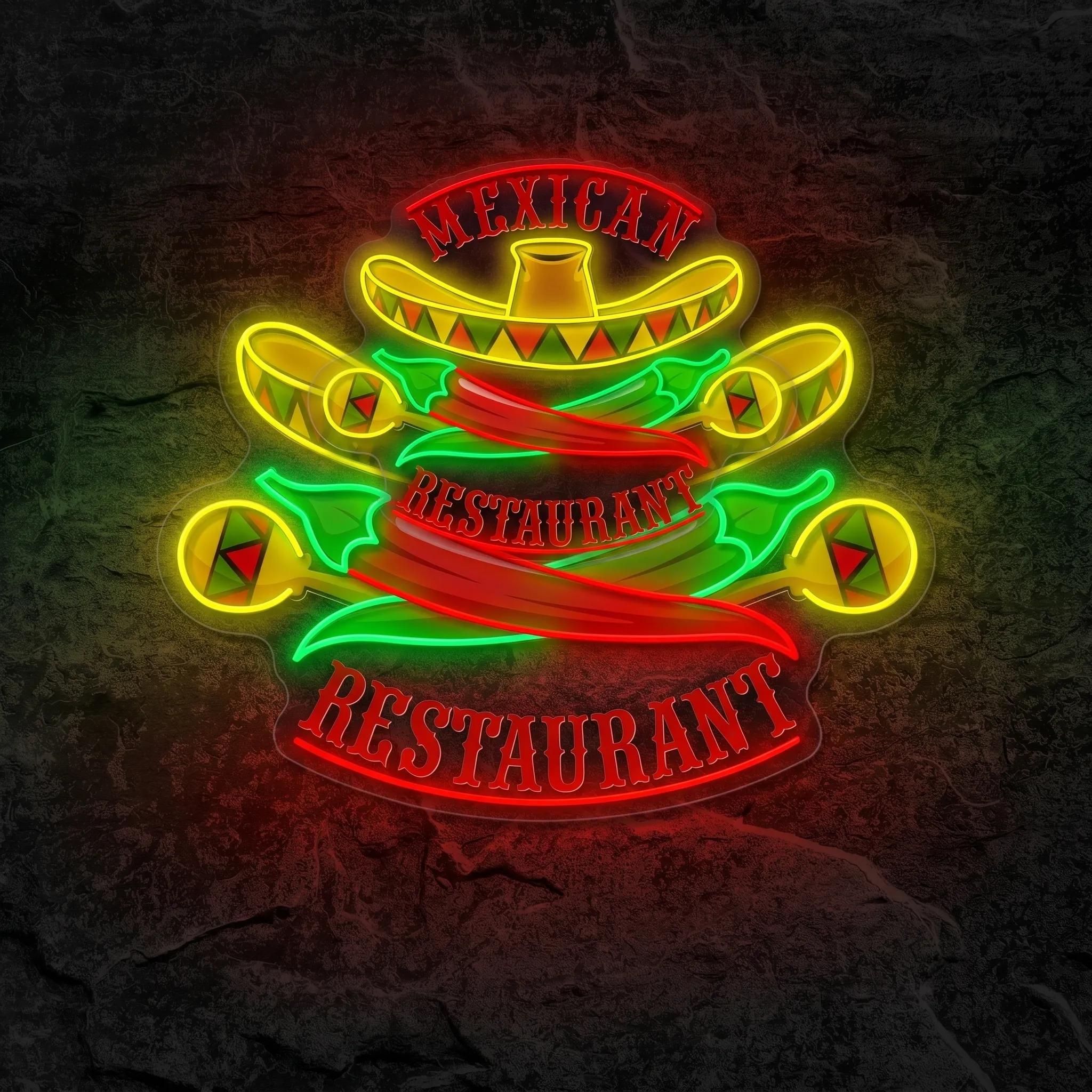 Néon Restaurant Mexicain Sombrero Maracas Piment - Néon personnalisé NeonStar