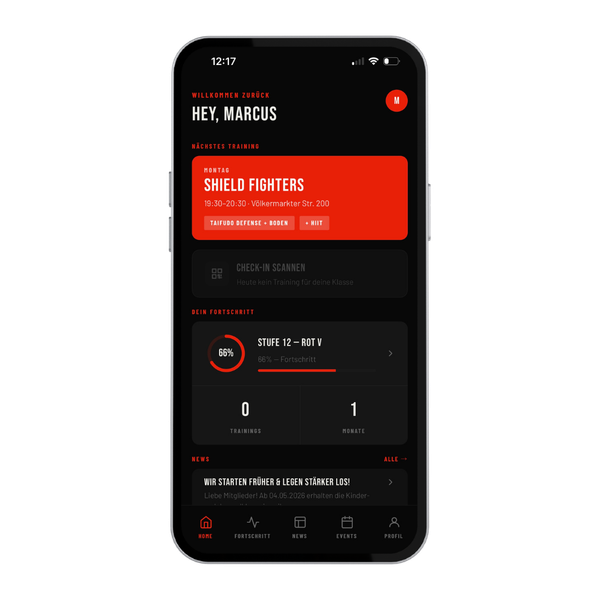 TAIFUDO App – Mockup mit Stundenplan und Buchungsfunktion