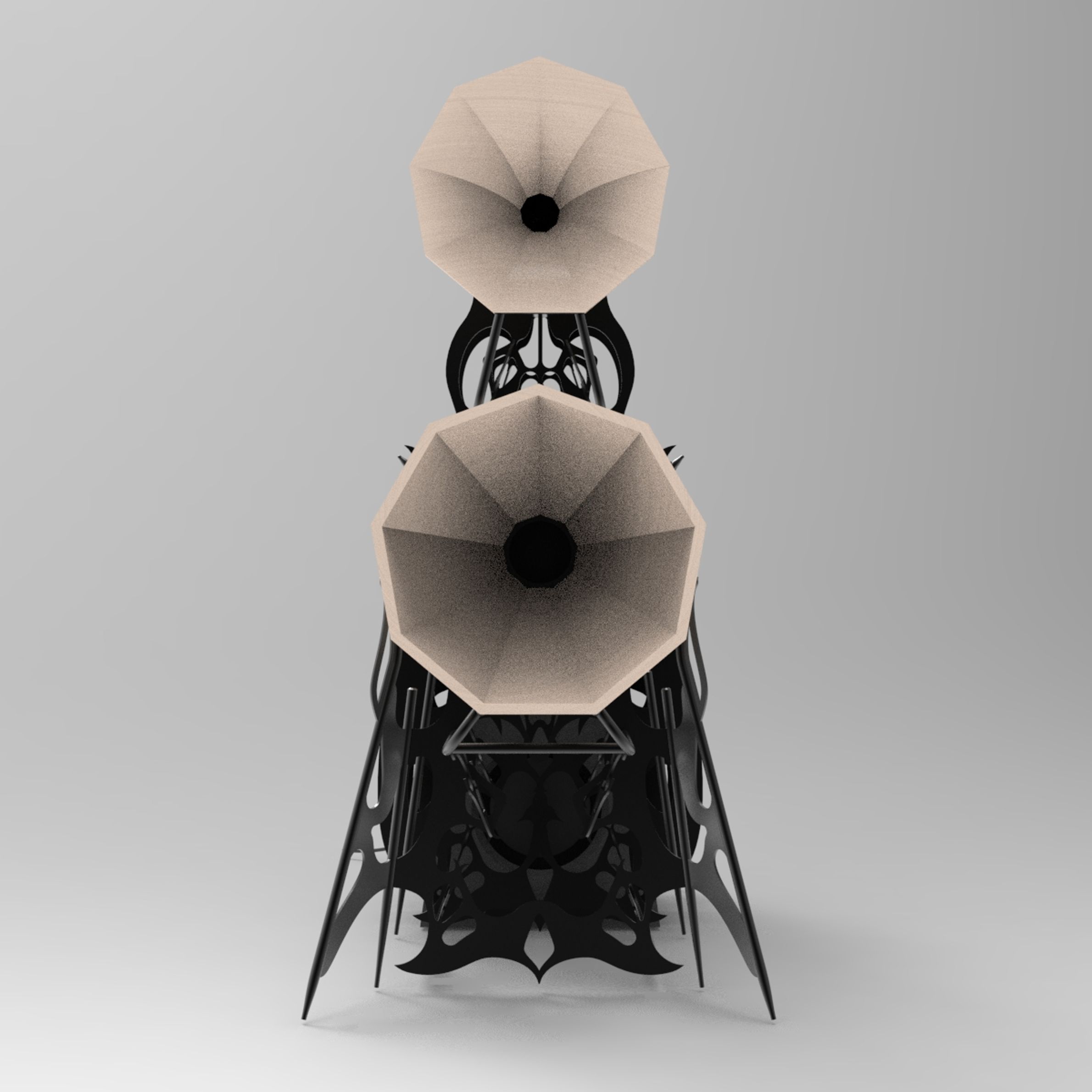 Ornamental black steel speaker with maple horns. 