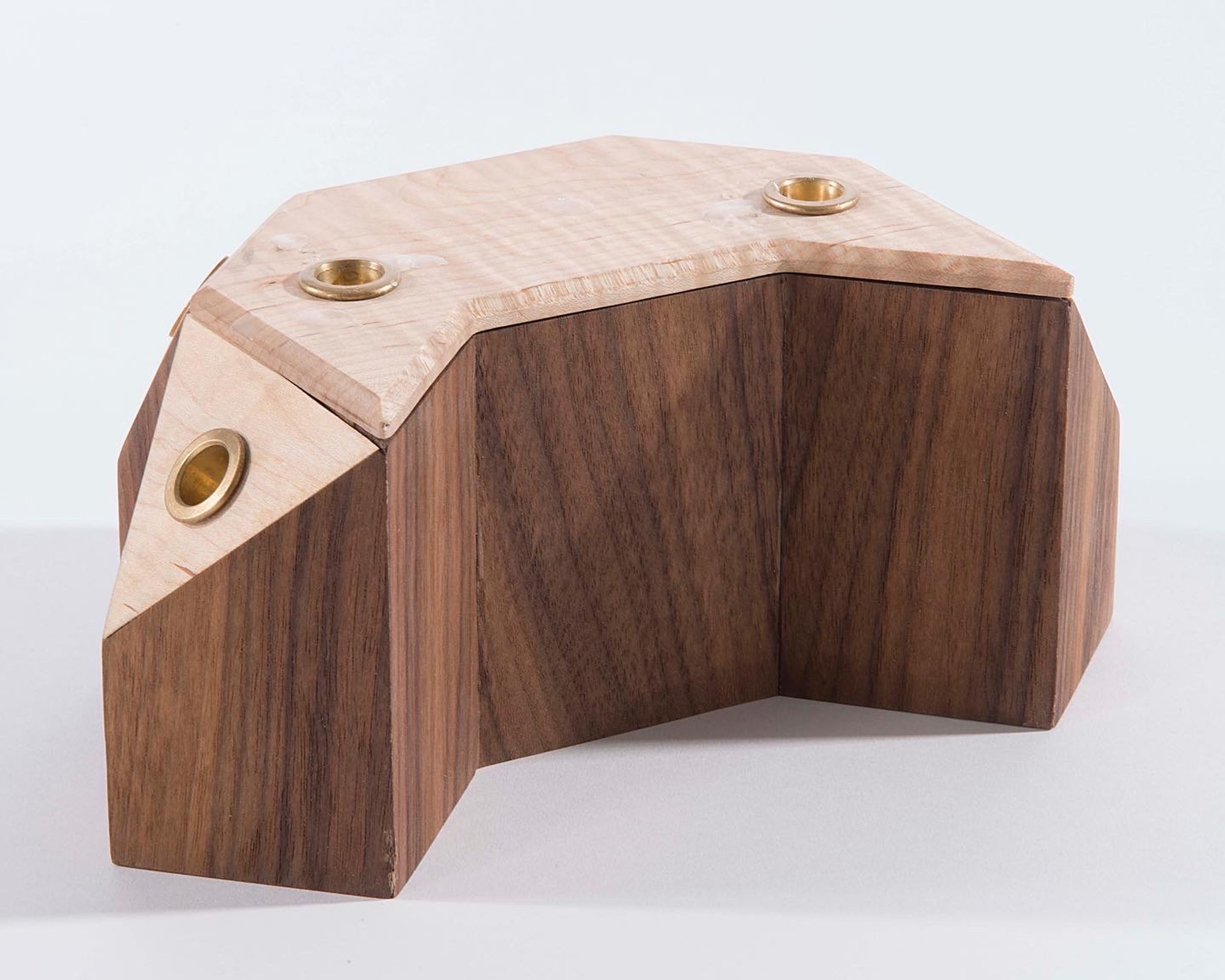 Walnut and maple box with brass candle cups. 