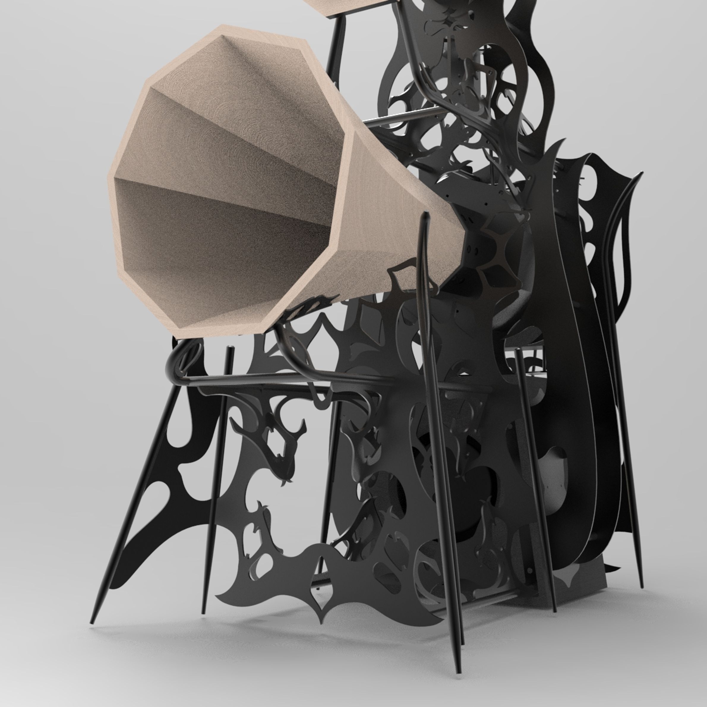 Ornamental black steel speaker with maple horns. 