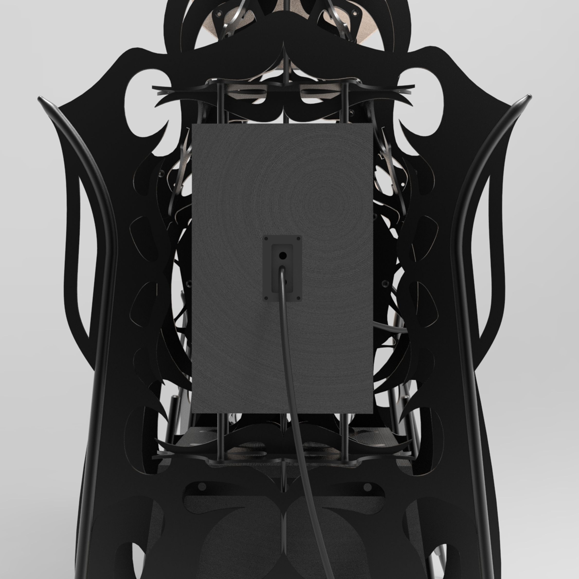 Ornamental black steel speaker with maple horns. 