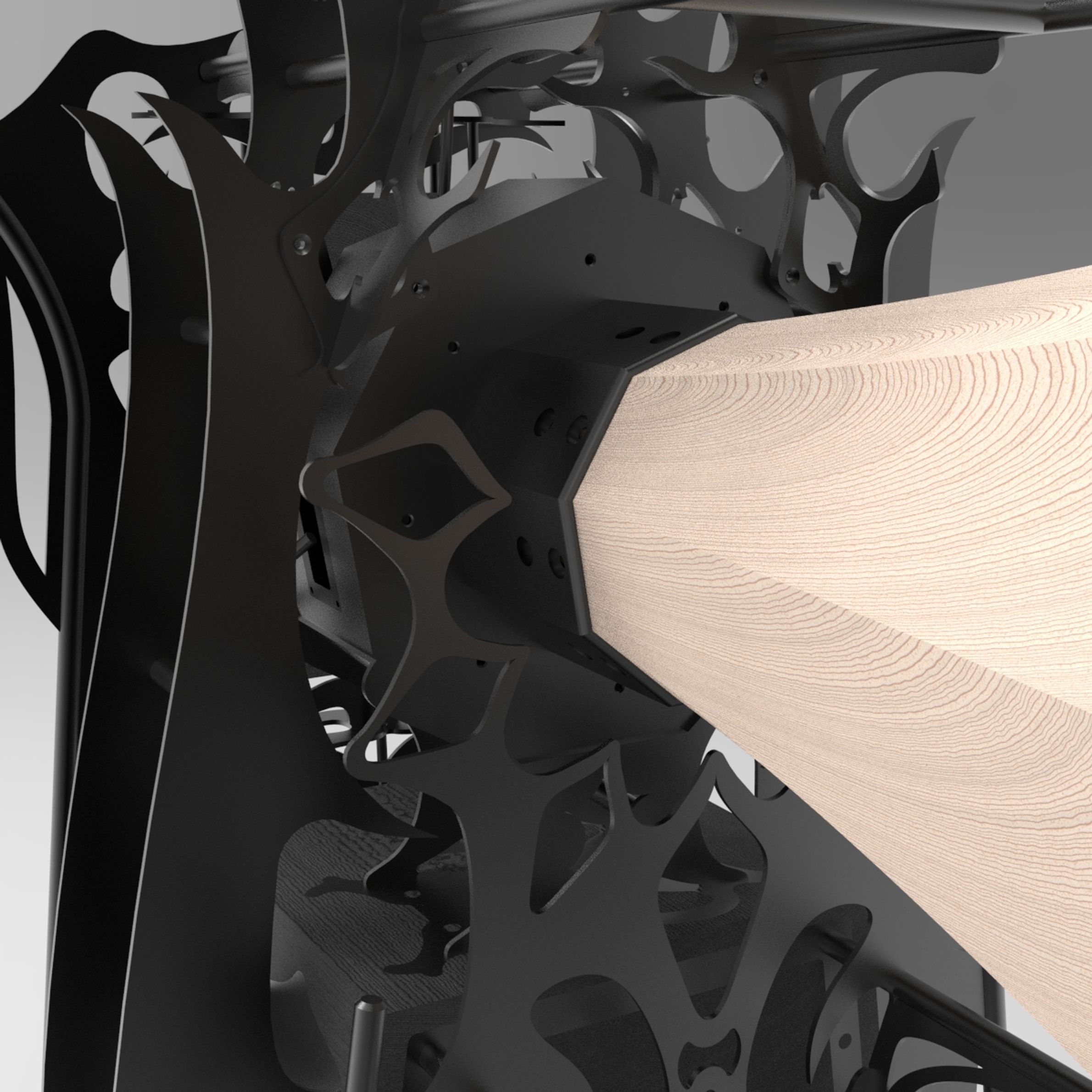 Ornamental black steel speaker with maple horns. 