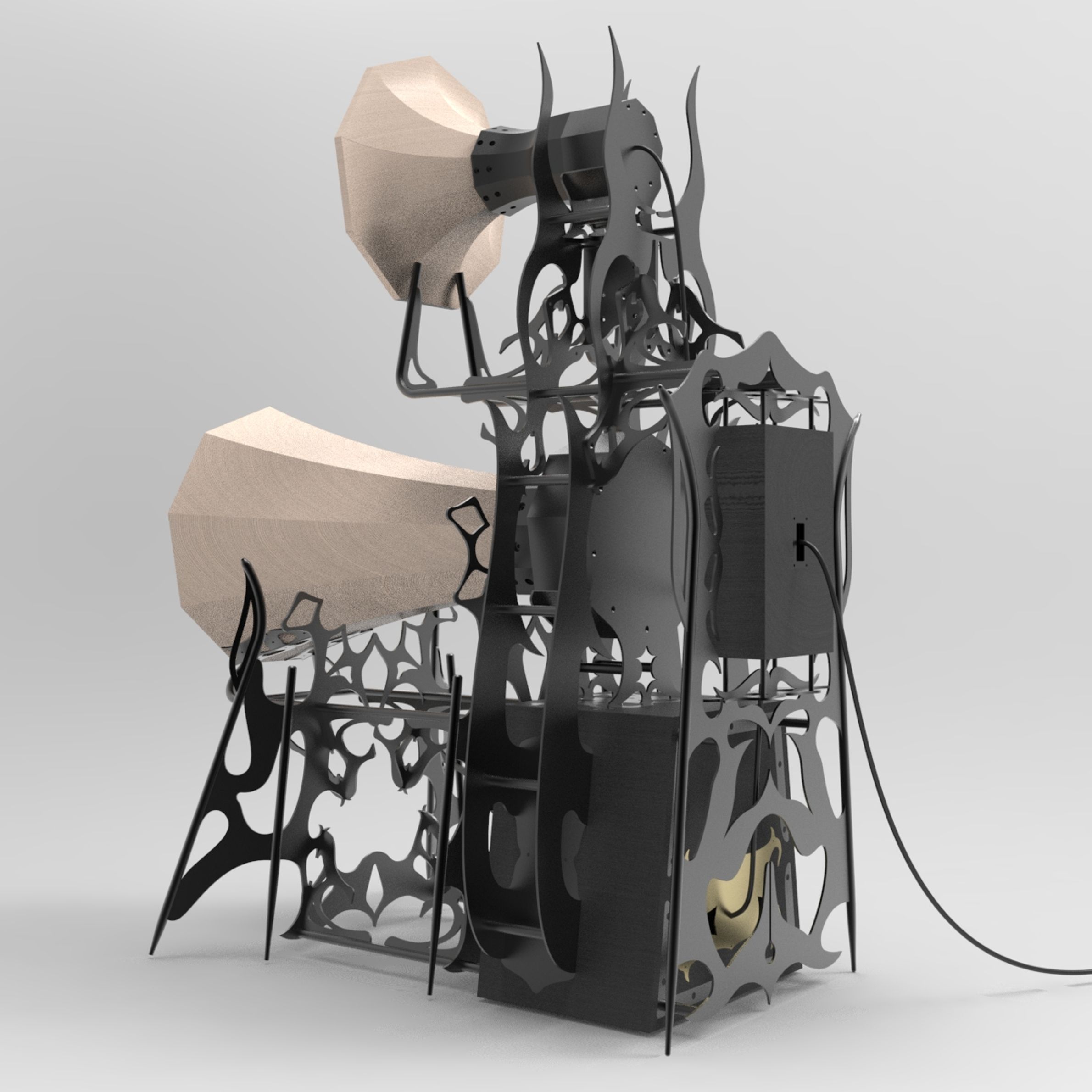 Ornamental black steel speaker with maple horns. 