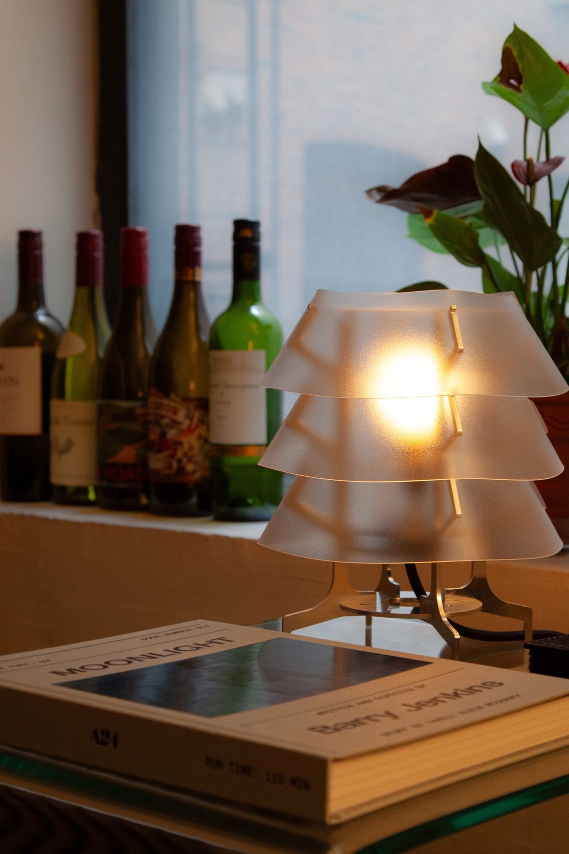 Aluminum and polycarbonate lamp in living room.