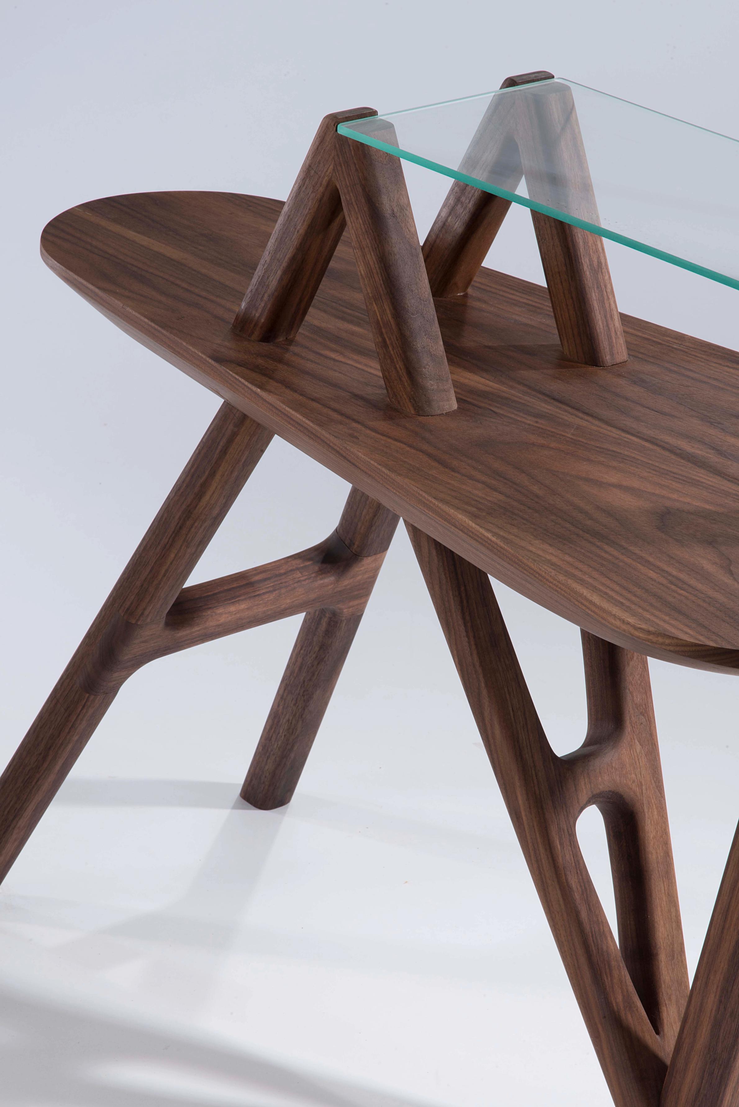 Walnut side table with glass