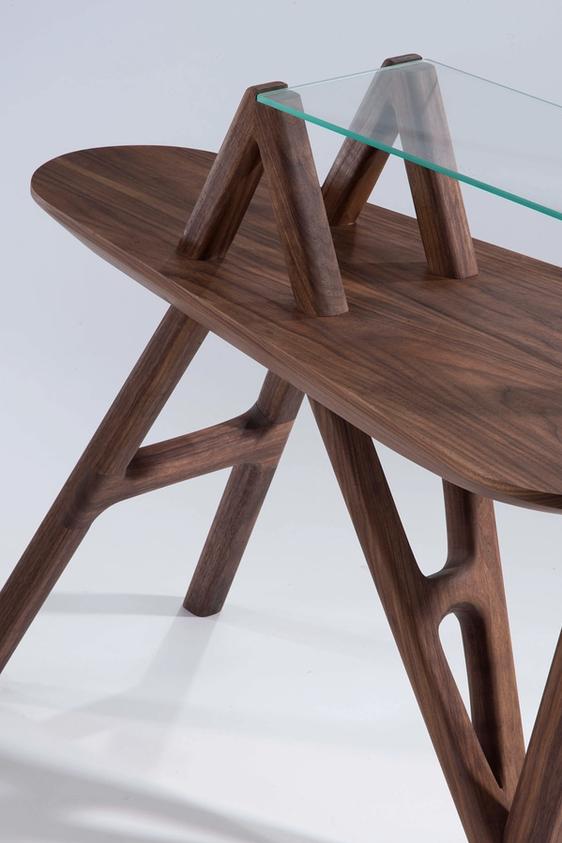 Walnut side table with glass