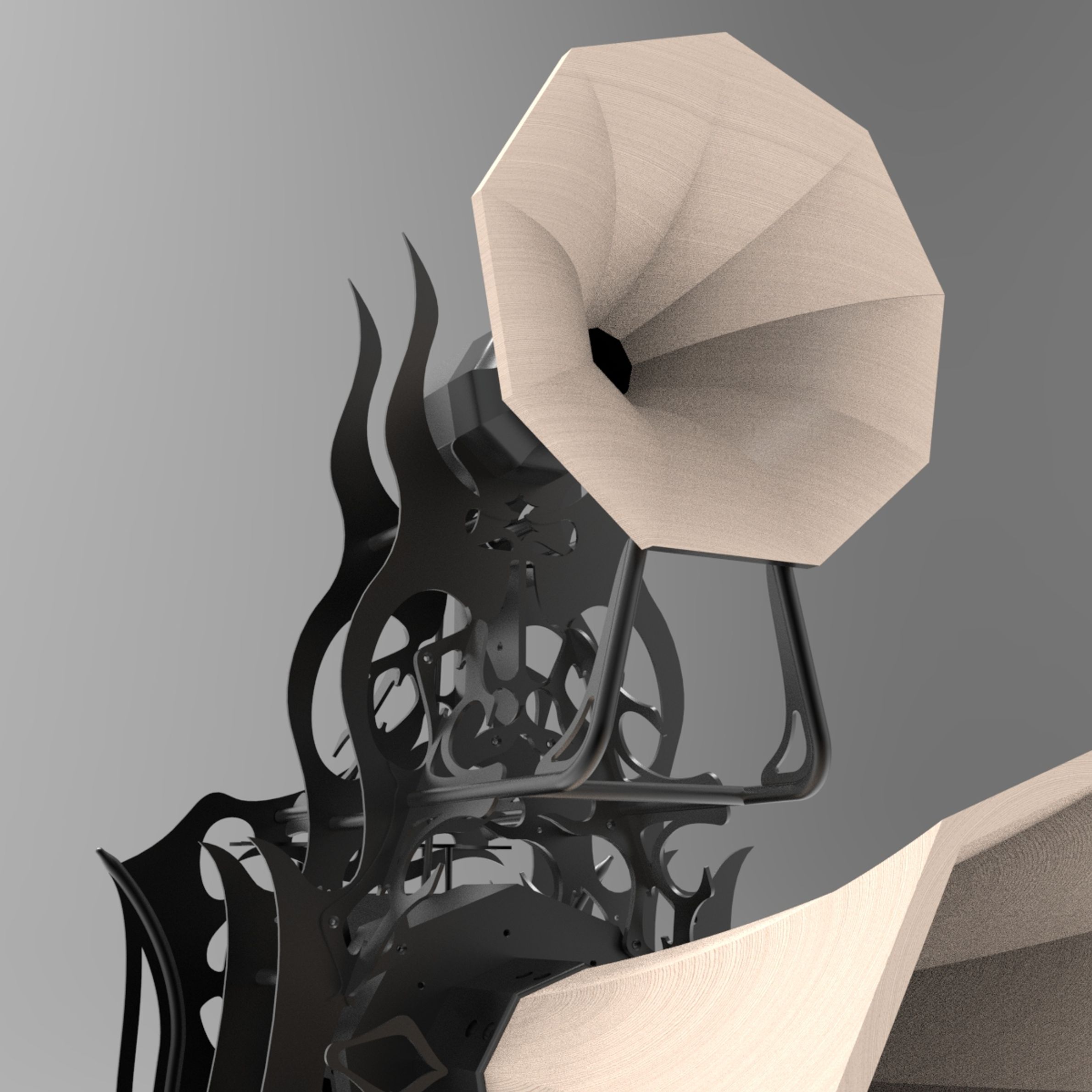 Ornamental black steel speaker with maple horns. 