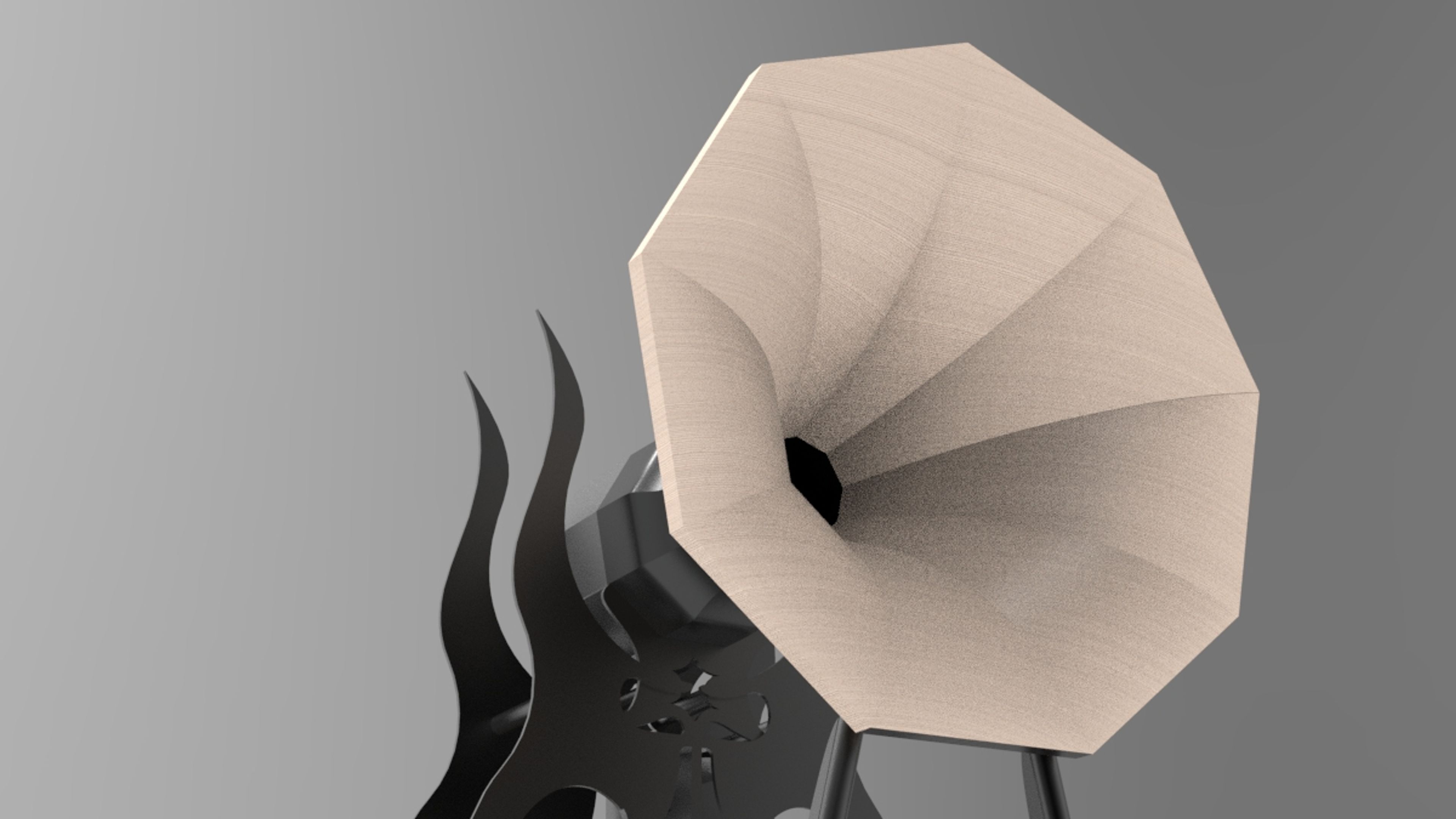 Ornamental black steel speaker with maple horns.