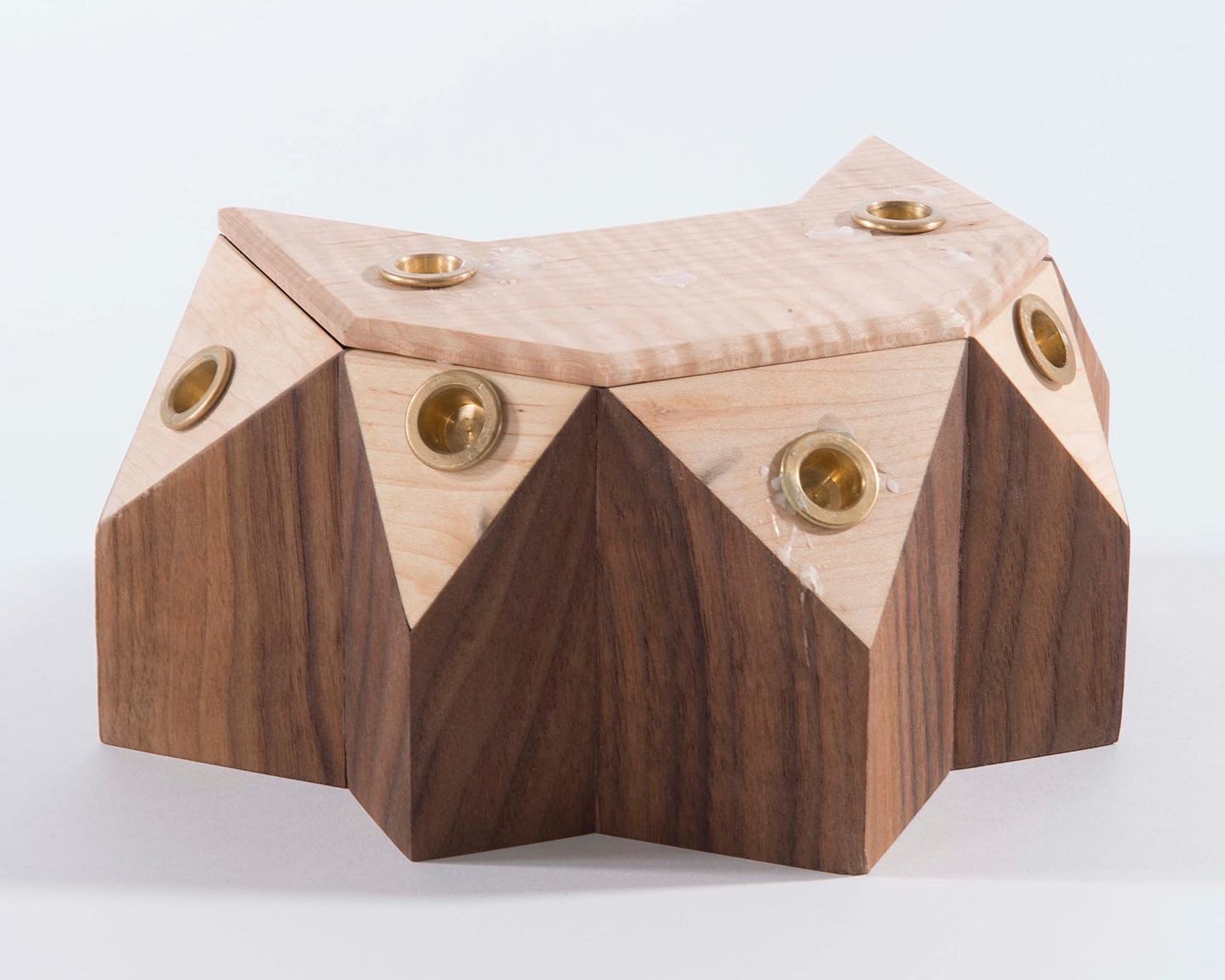 Walnut and maple box with brass candle cups. 