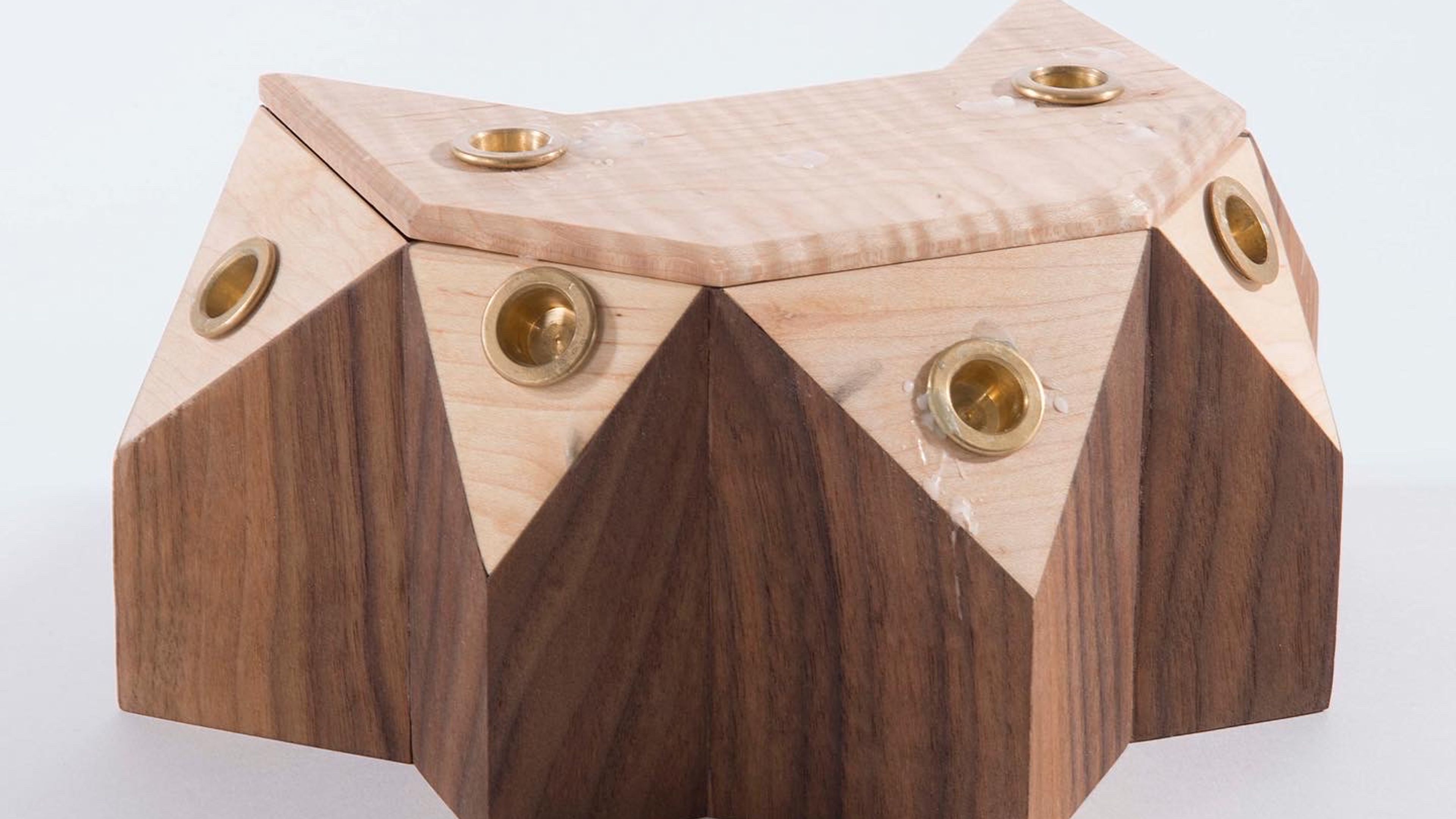 Walnut and maple box with brass candle cups.