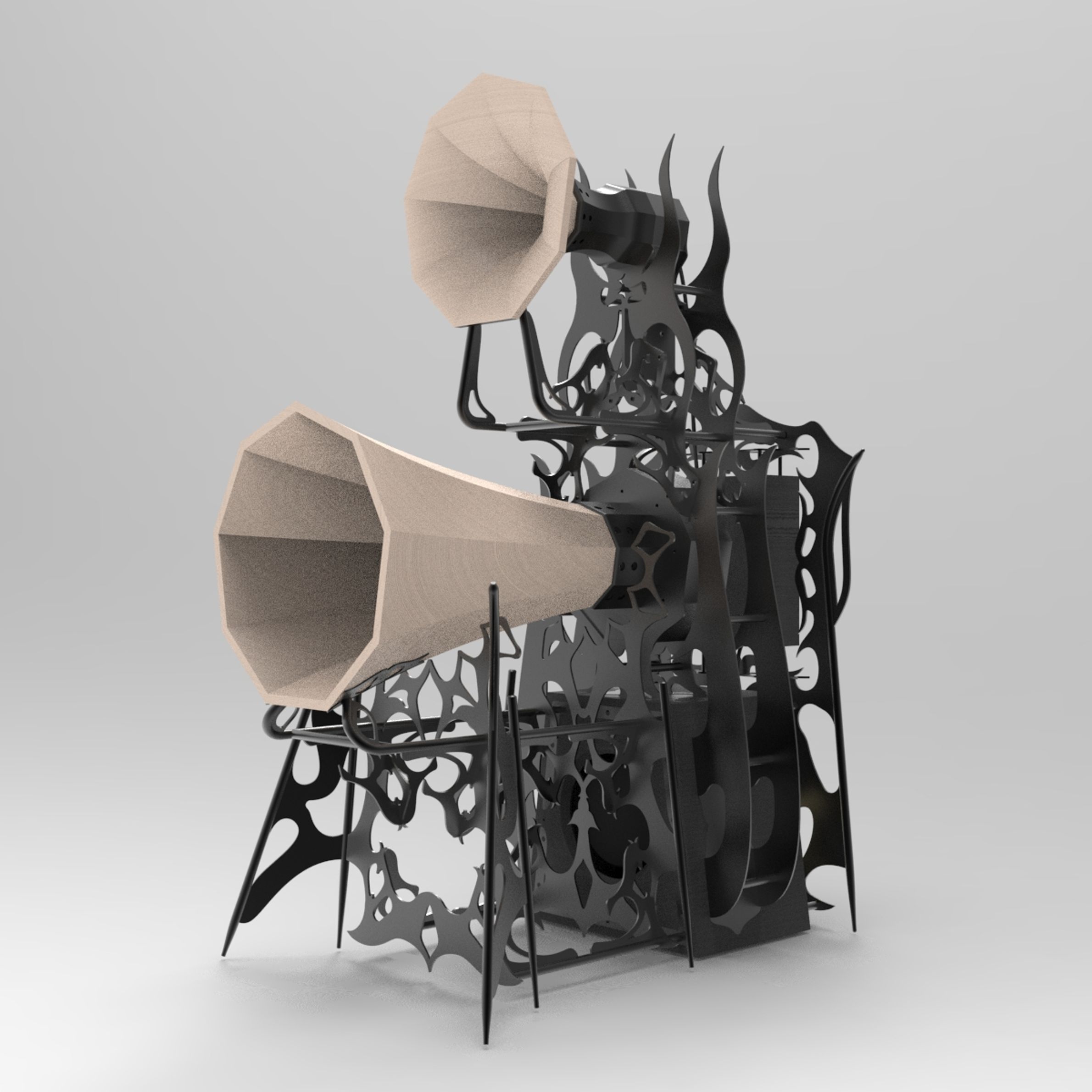 Ornamental black steel speaker with maple horns. 