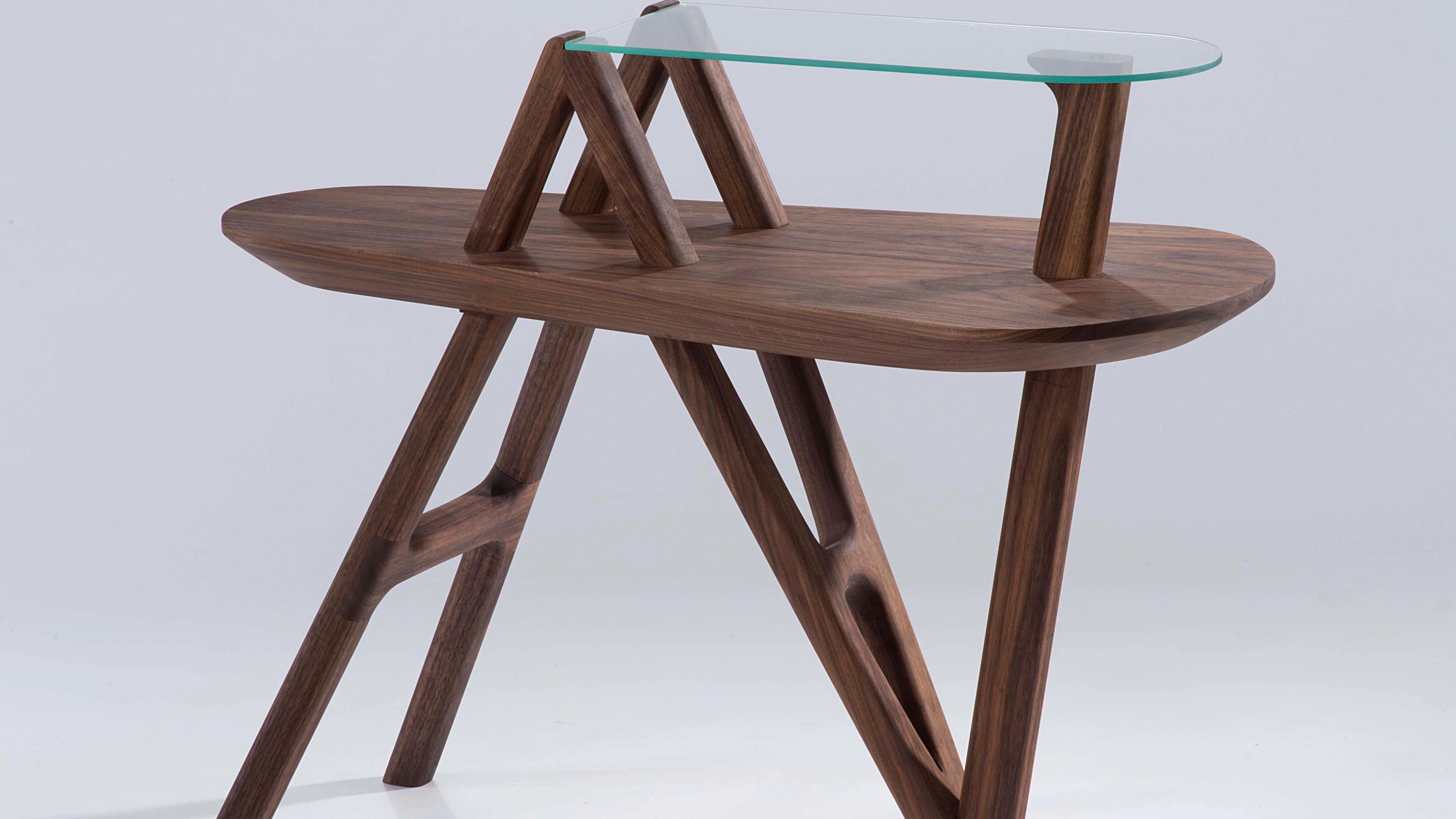 Walnut side table with glass