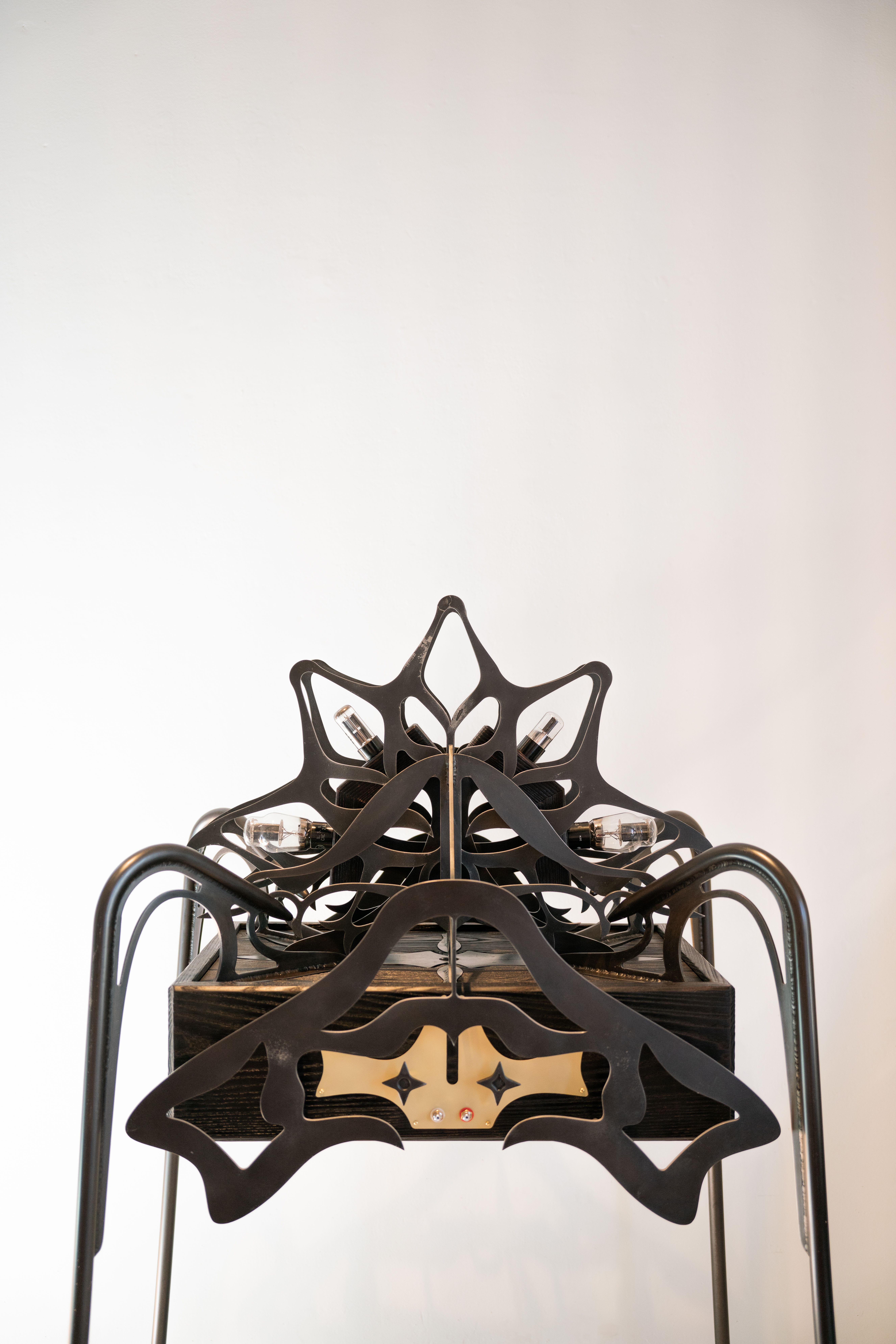 Ornamental blackened steel amplifier with tubes.