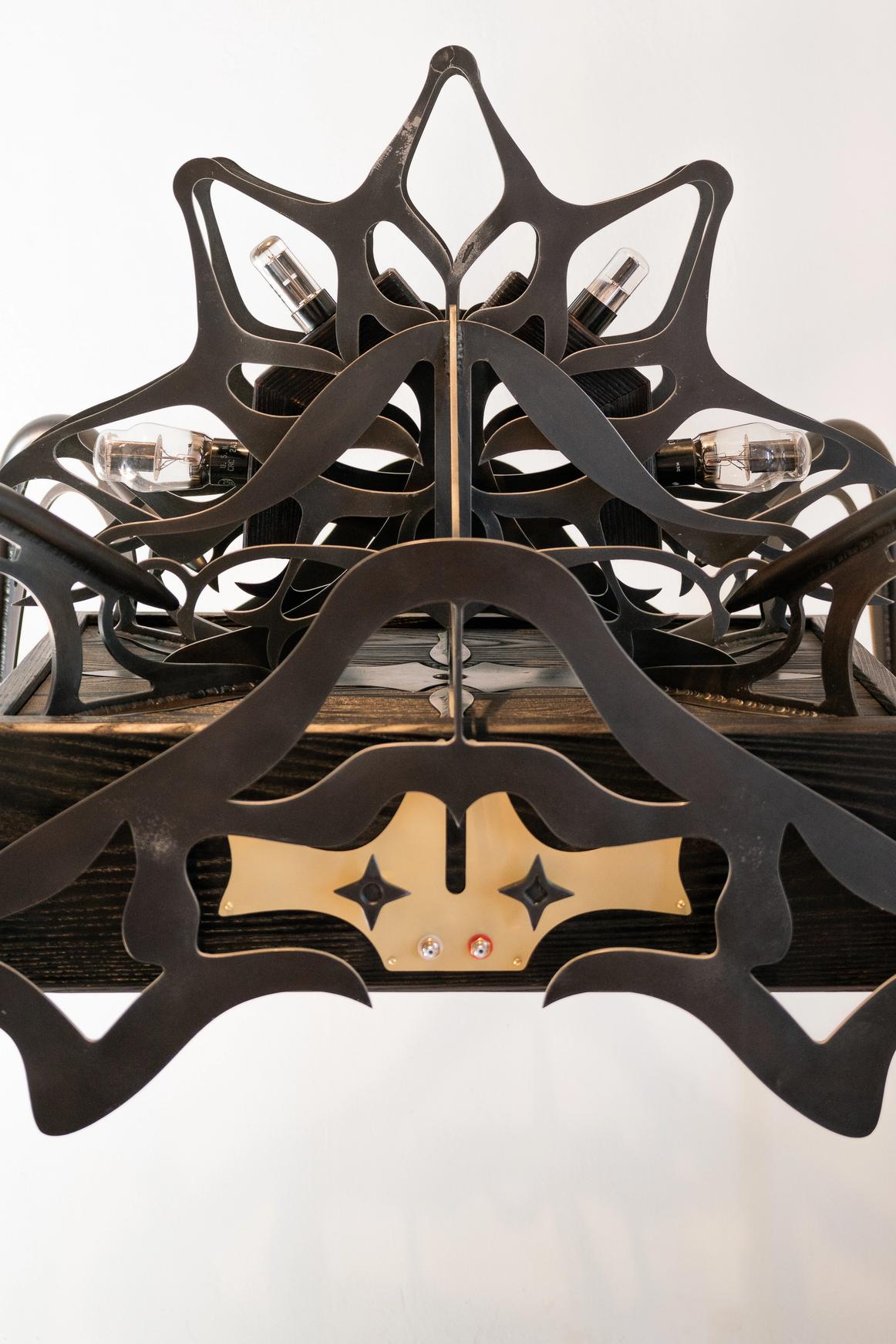 Ornamental blackened steel amplifier with tubes.