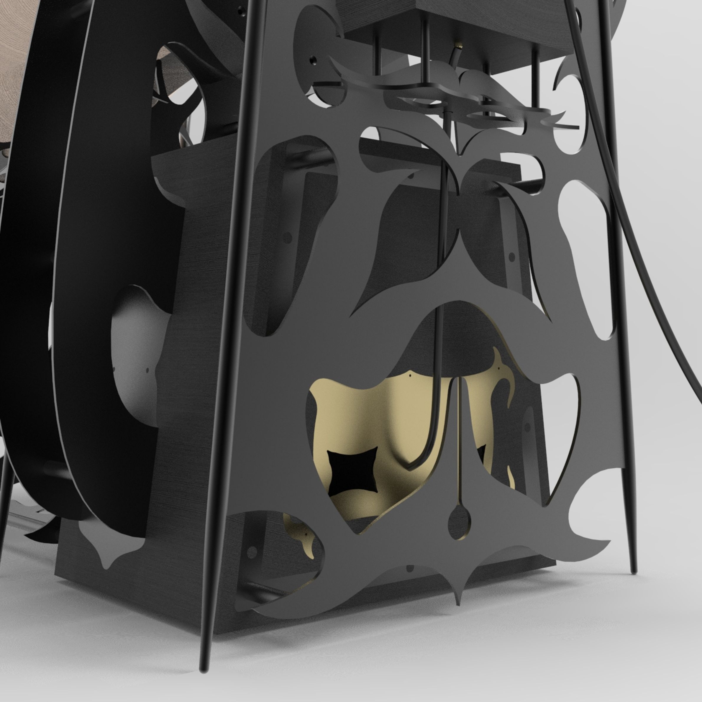 Ornamental black steel speaker with maple horns. 