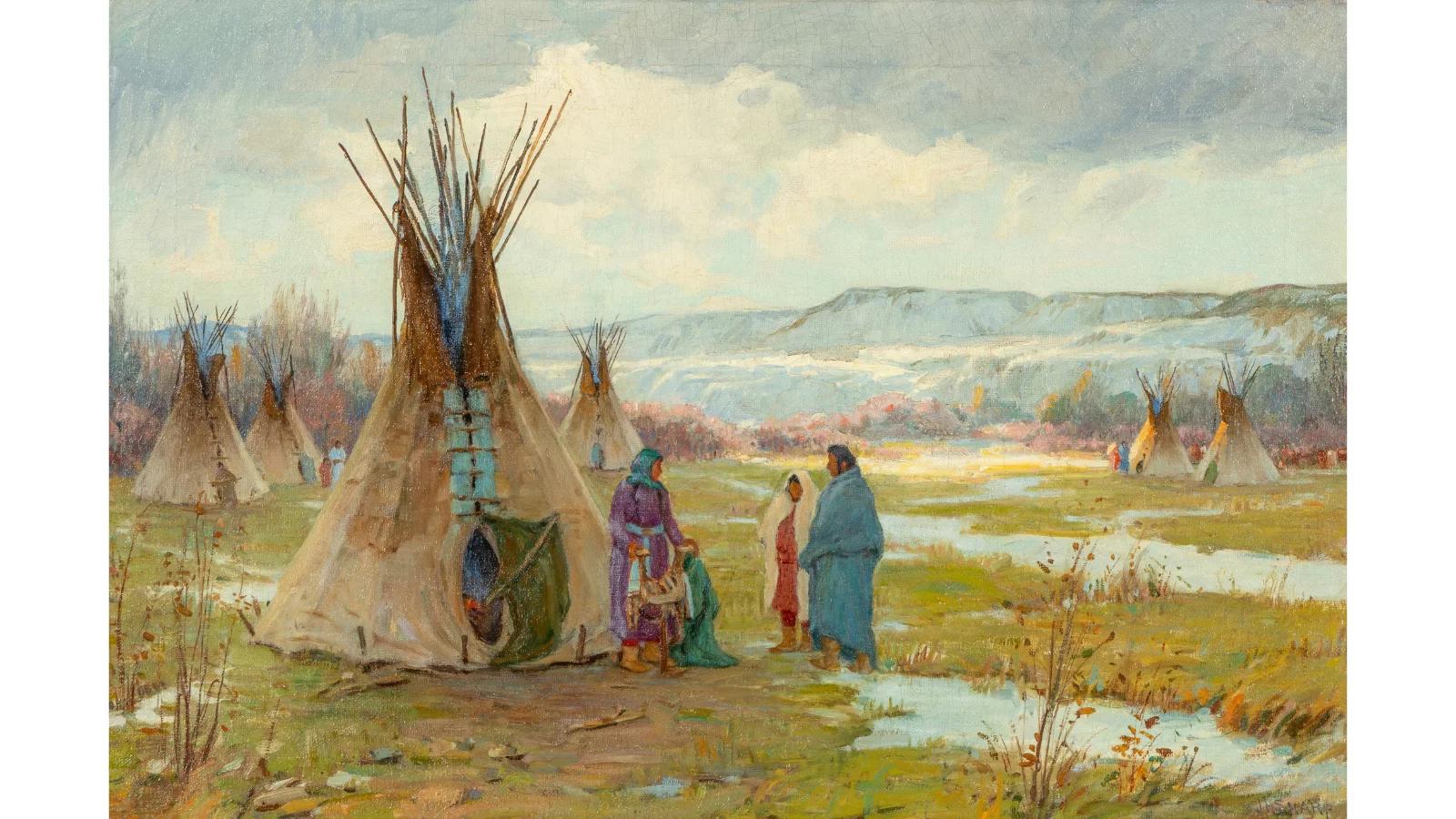 Lot 75 | Joseph Henry Sharp (1859-1953) | Sunburst Crow Reservation | SOLD FOR $320,000