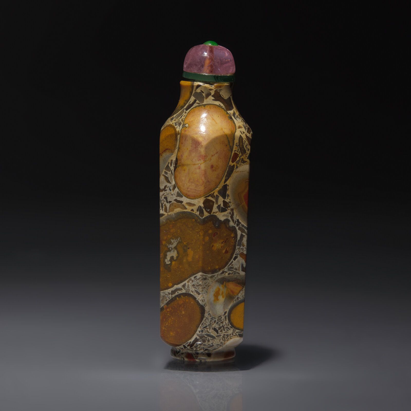Lot 24 An Unusual Chinese Hexagonal Puddingstone Snuff Bottle, Qing Dynasty, Circa 1750-1860 1750–1860年 抱子石磨棱六方鼻煙壺 Circa 1750-1860