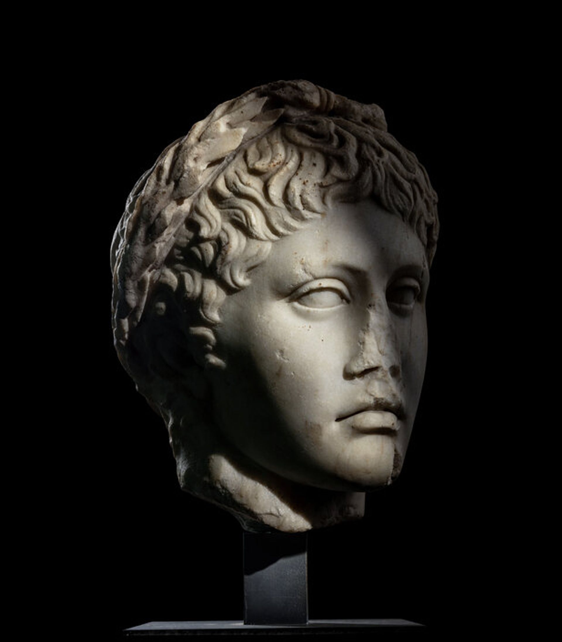 A Roman Marble Head of a Youth Wearing a Laurel Wreath