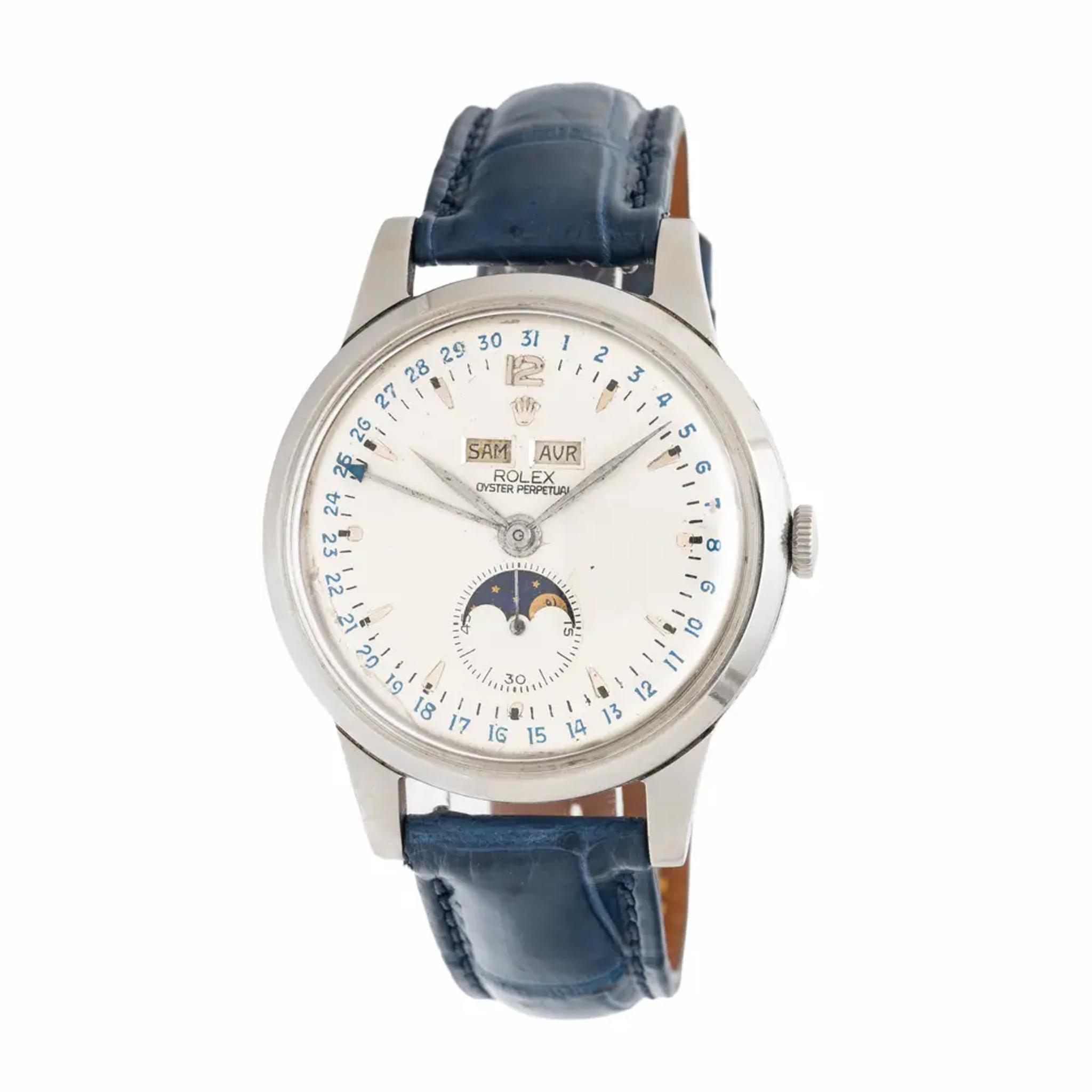 Lot 77 | Rolex, Ref. 8171, Stainless Steel 'Padellone' Triple Calendar Moonphase Watch, Circa 1949, with Box, Estimate $50,000 – $70,000