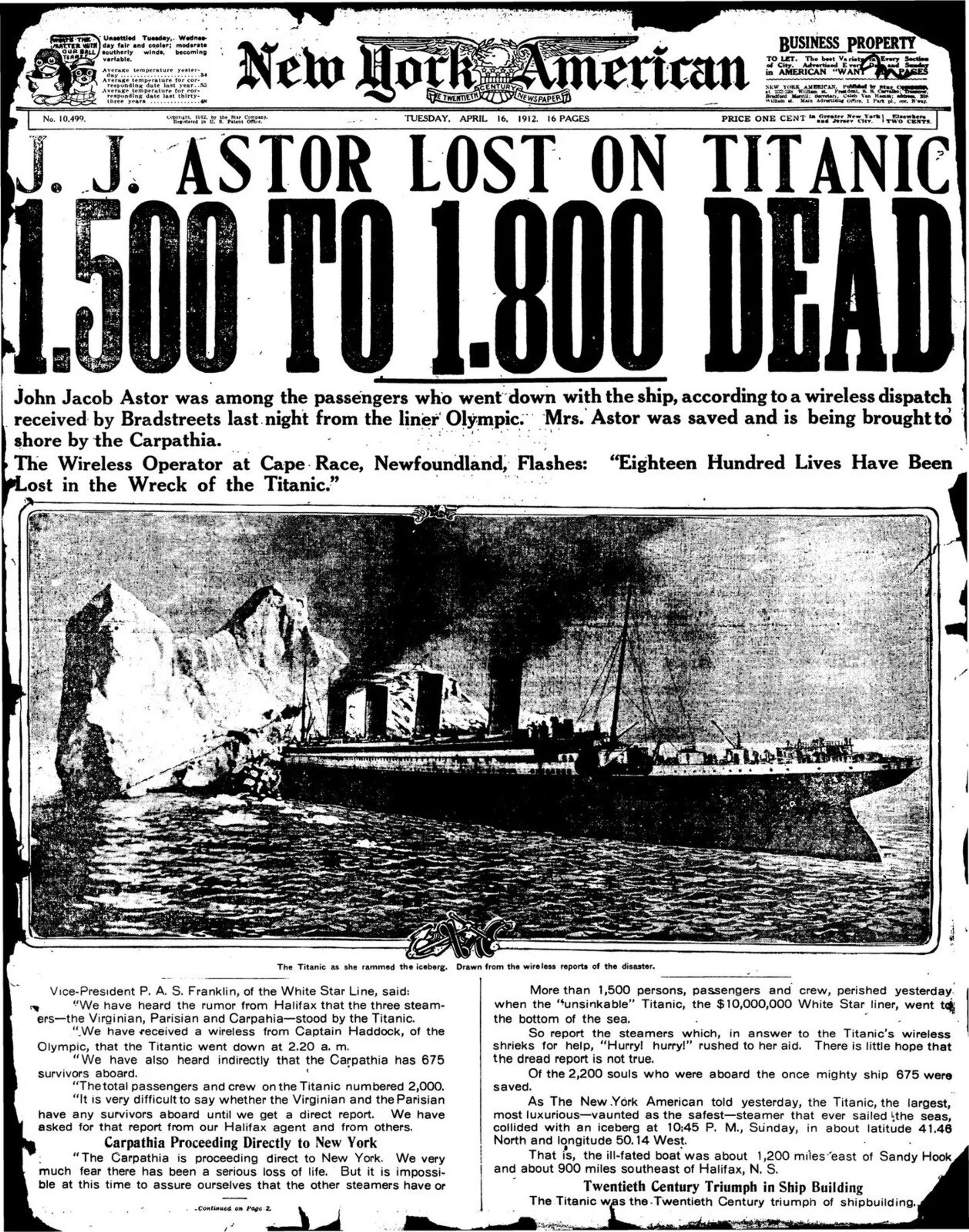 The New York American report of the sinking of Titanic. Most reports featured the Astors in the headlines.