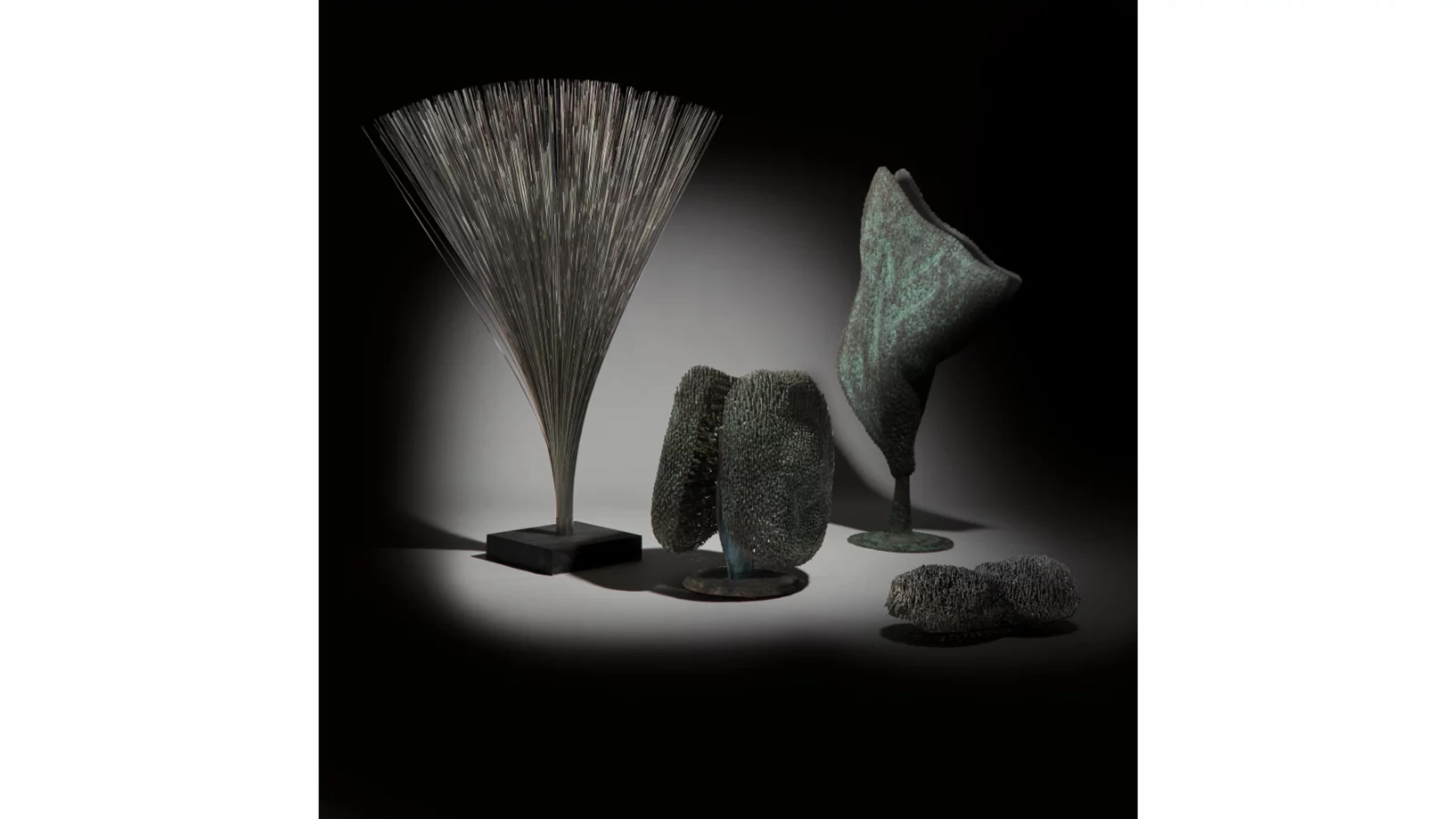 From Left to right: Harry Bertoia | (American, 1915-1978) Spray | $25,000.00 - $35,000.00; Harry Bertoia | (American, 1915-1978) Bush Form | $70,000.00 - $90,000.00; Harry Bertoia | (American, 1915-1978) Organic Form | $30,000.00 - $50,000.00; Harry Bertoia | (American, 1915-1978) Bush Form, c. 1970s | $50,000.00 - $70,000.00