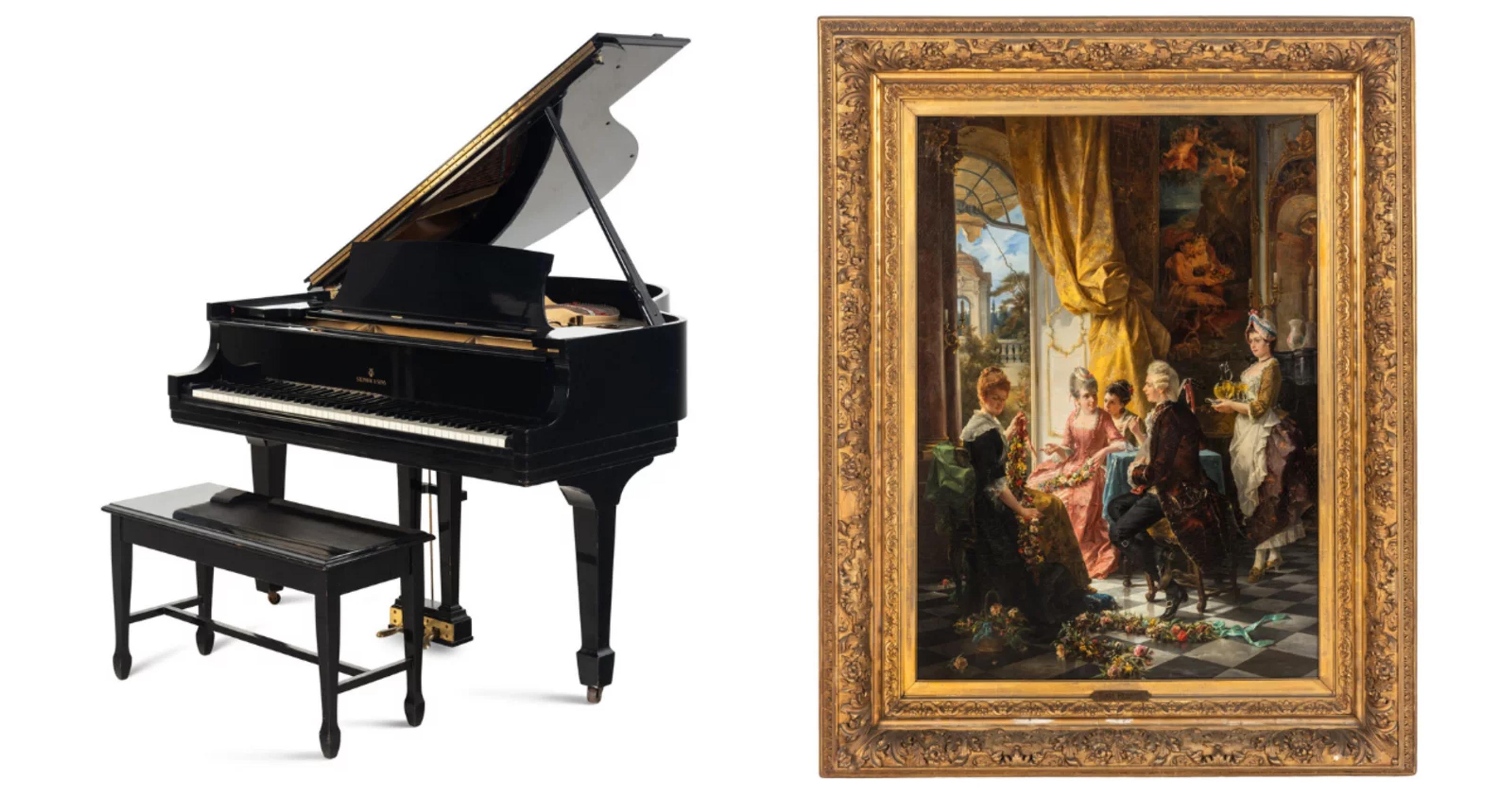 A Steinway and Sons Baby Grand Piano and Carl Herpfer (German 1836-1897) A Gentleman and Three Ladies Taking Tea at a Window