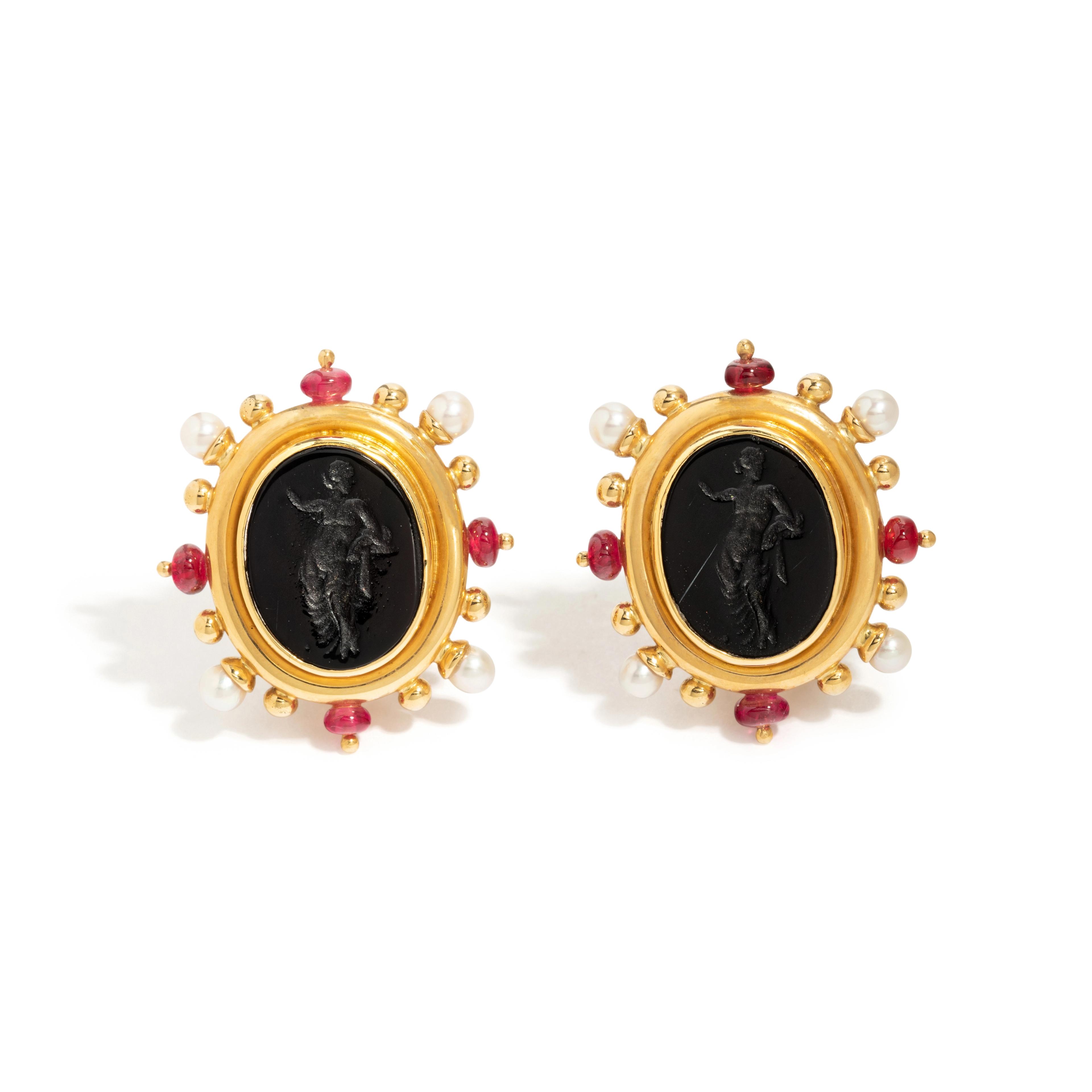 Elizabeth Locke, Yellow Gold, Cultured Pearl, Ruby and Glass Cameo Earclips