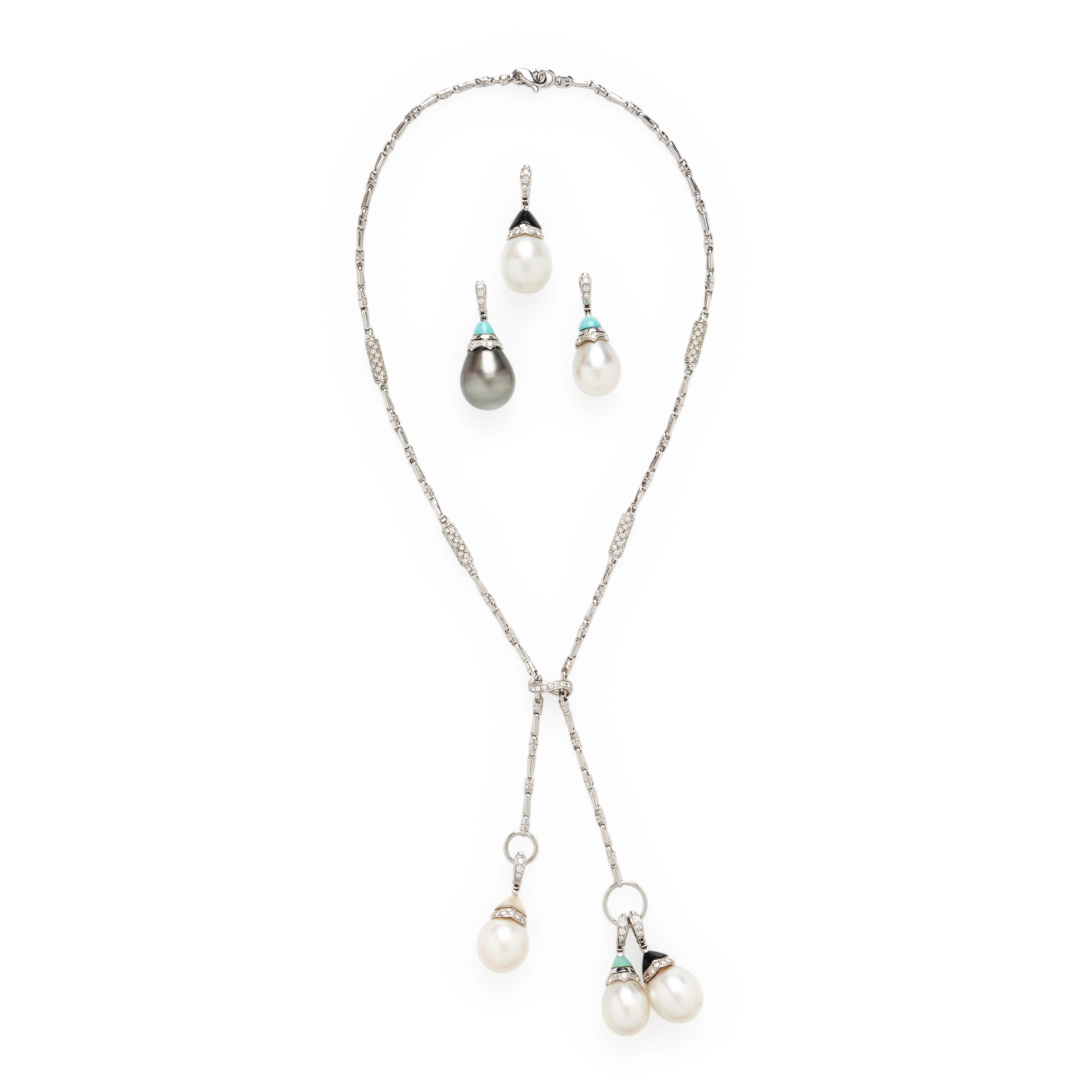 Lot 227 | Ellagem, White Gold and Diamond Lariat Necklace with Six Interchangeable Cultured Pearl Drops | Estimate $5,000 –6,000