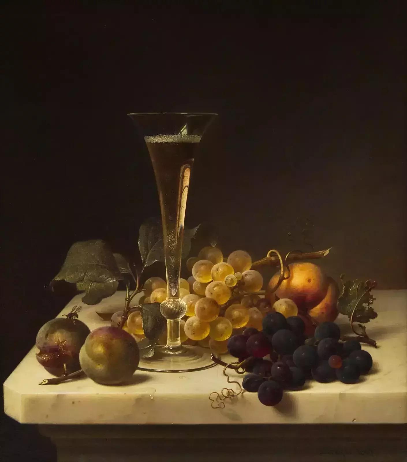 Johann Wilhelm Preyer's 'Still Life with Champagne Flute, Greengages, Peach, and Grapes, 1867,'