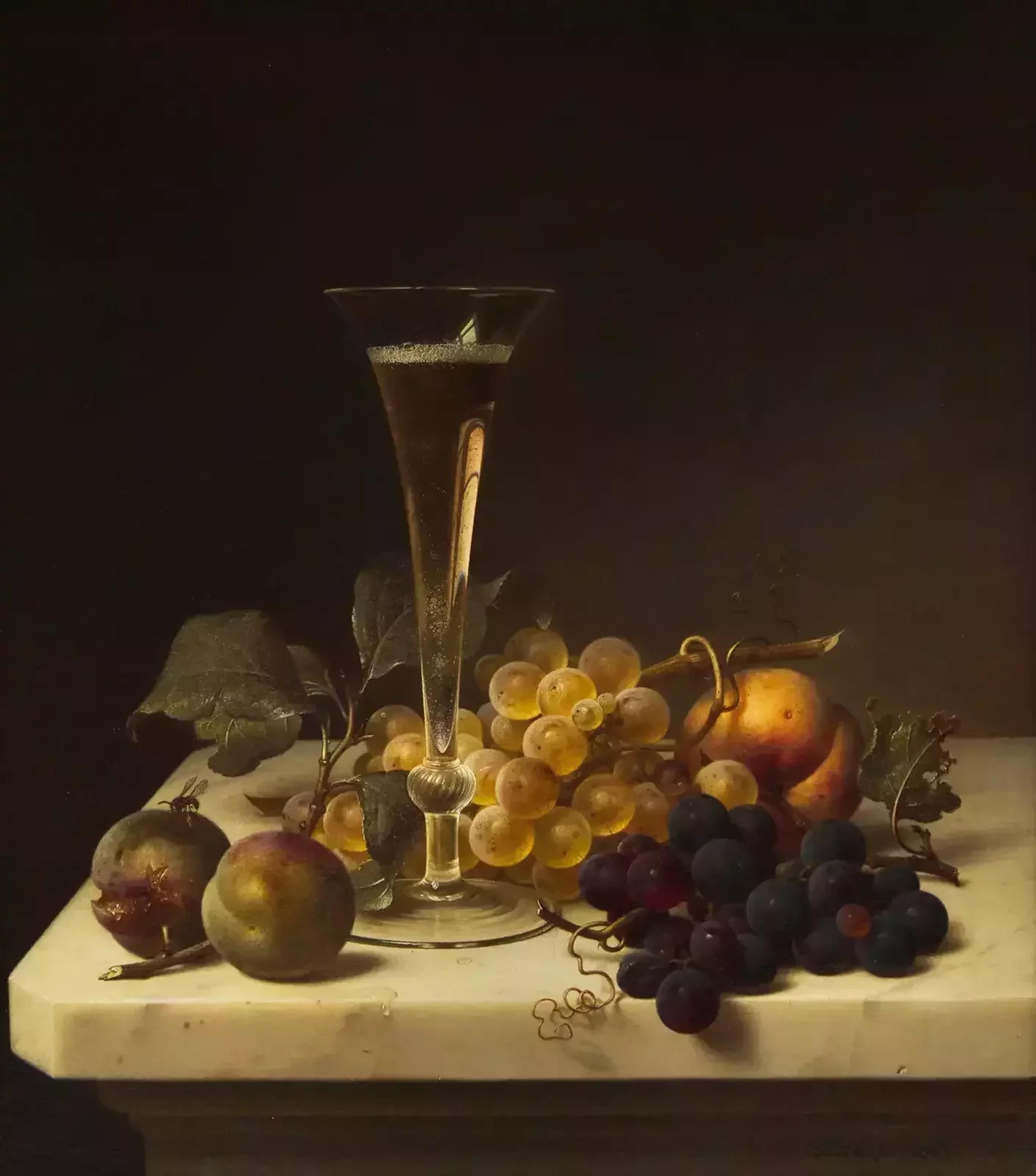 Johann Wilhelm Preyer (German, 1803-1889) 'Still Life with Champagne Flute, Greengages, Peach, and Grapes, 1867'