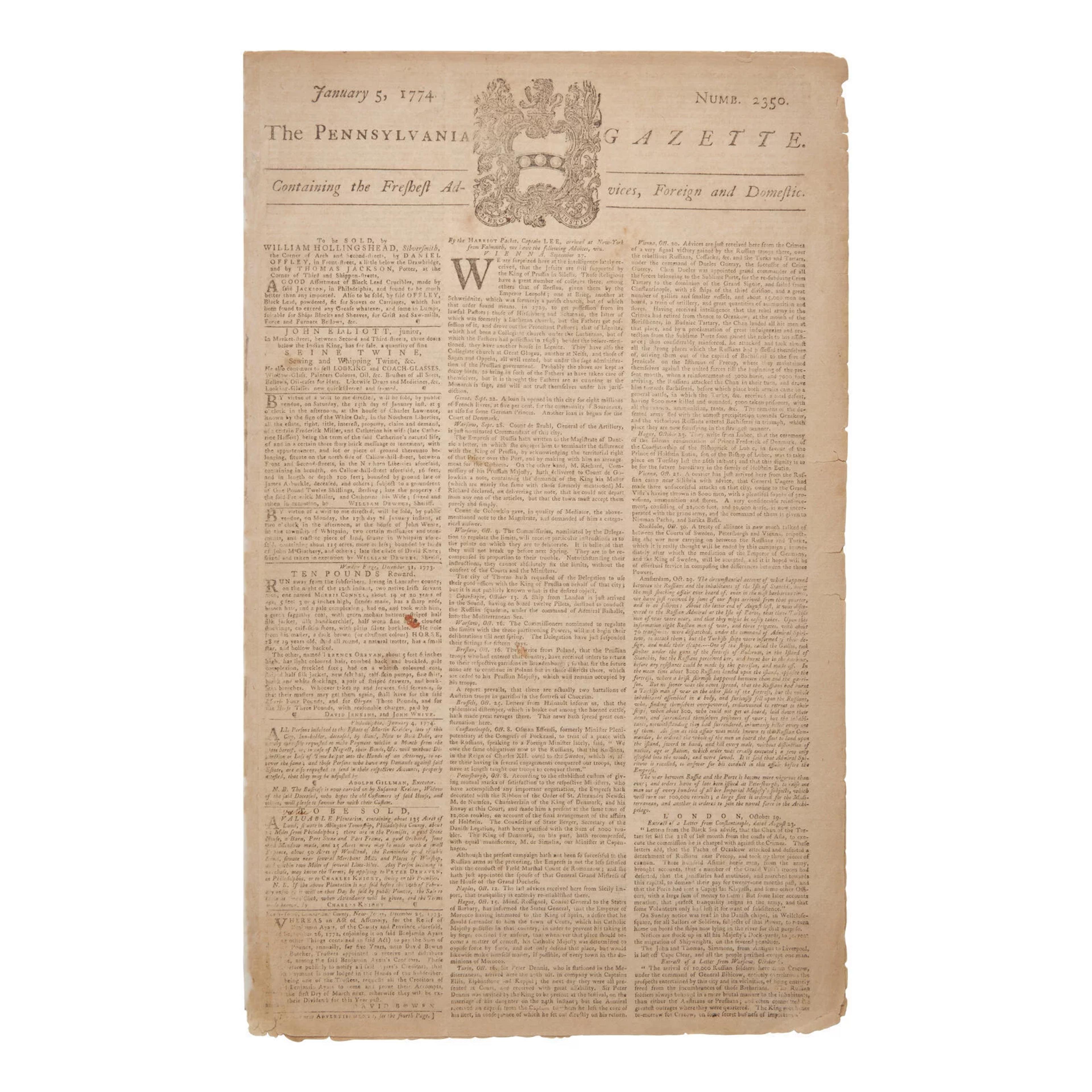 Lot 64 | Born in the USA: First Day of Printing in the United States, July 4, 1776, in The Pennsylvania Evening Post | Estimate: $15,000 - 25,000