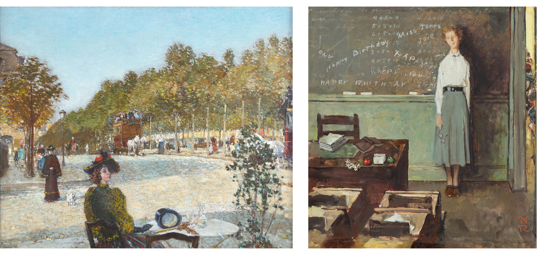 LEFT | Childe Hassam, September Sunlight, c. 1887 | Estimate $250,000 – 400,000 RIGHT | Norman Rockwell, Study for Happy Birthday Miss Jones | Estimate $60,000 – 100,000