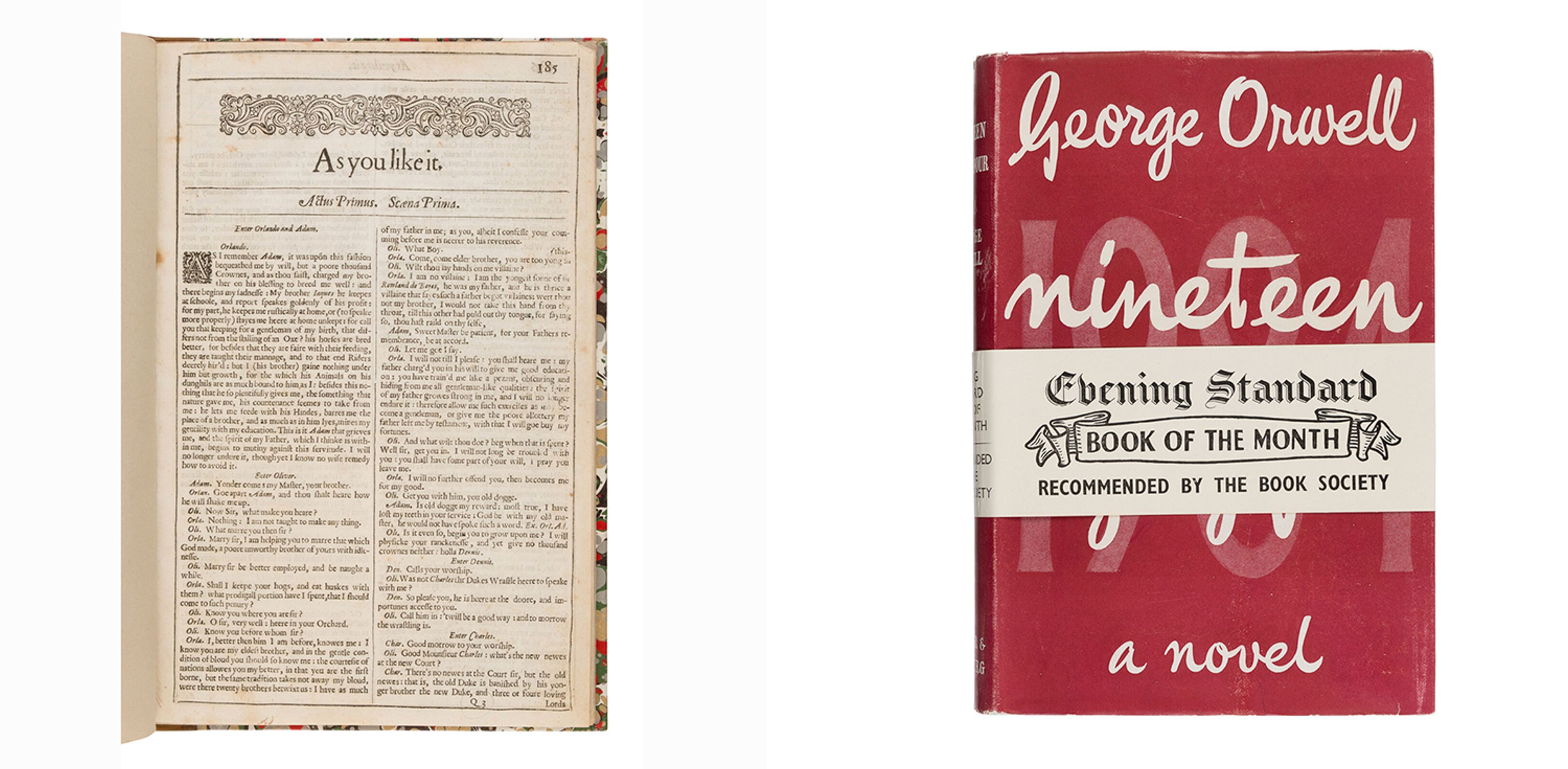 Lot 194 | Shakespeare, William (1564-1616). As You Like It. -- The Taming of the Shrew. [Two complete plays extracted from: The First Folio]. [London: Isaac laggard and Ed. Blount, 1623].
Sold for $70,400 (left)


Lot 162 | Orwell, George (1903-1950). Nineteen Eighty-Four. London: Secker & Warburg, 1949.
Sold for $48,000 (right)
