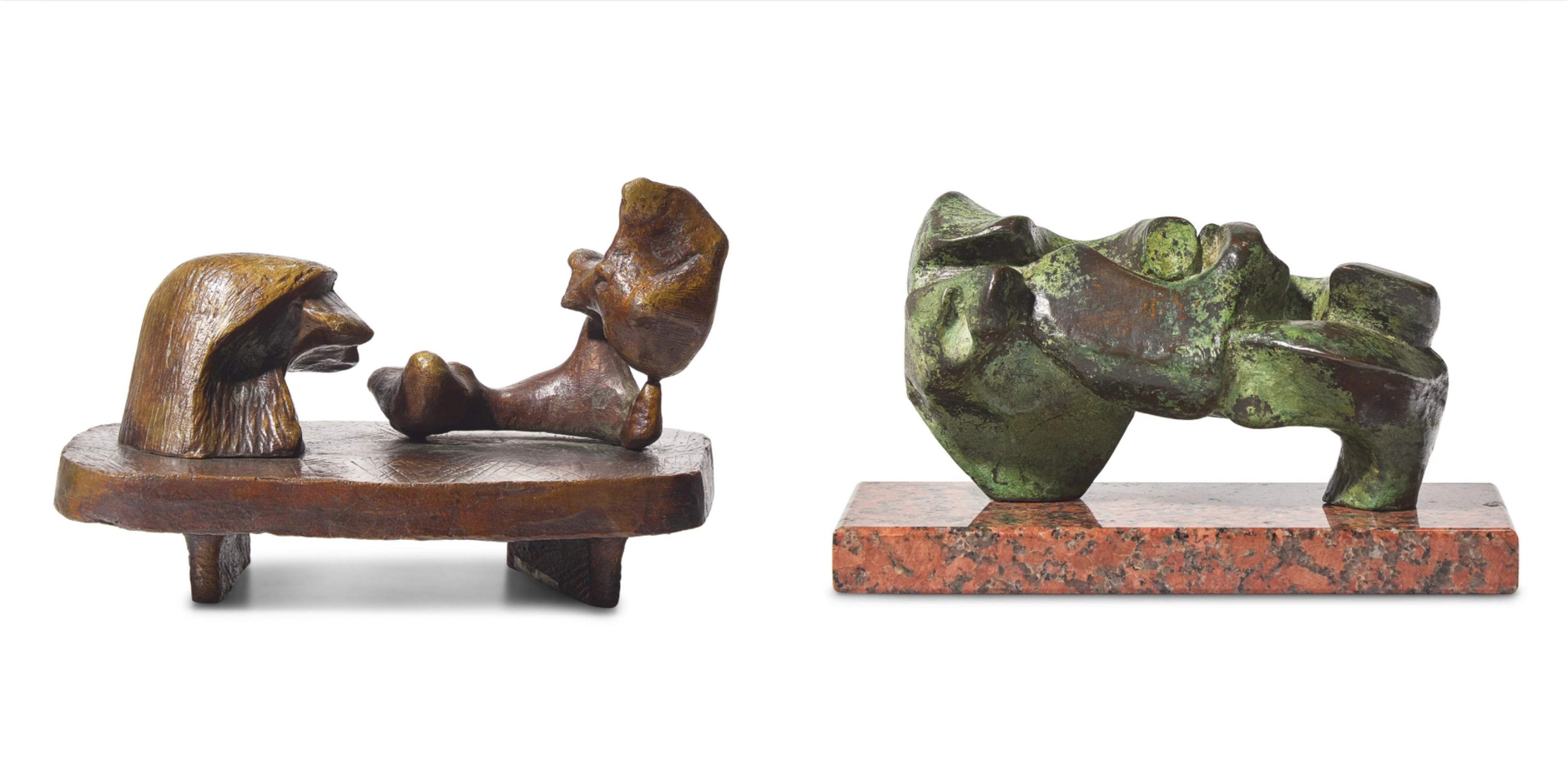 From Left to Right: Lot 54 | Henry Moore (British, 1898-1986) | Two Piece Reclining Figure #6, 1964 |   Estimate: $30,000 – $50,000  Lot 55 | Henry Moore (British, 1898-1986) | Slow Form: Tortoise, 1962 | Estimate: $20,000 – $30,000  Property from the Collection of the Brooklyn Museum