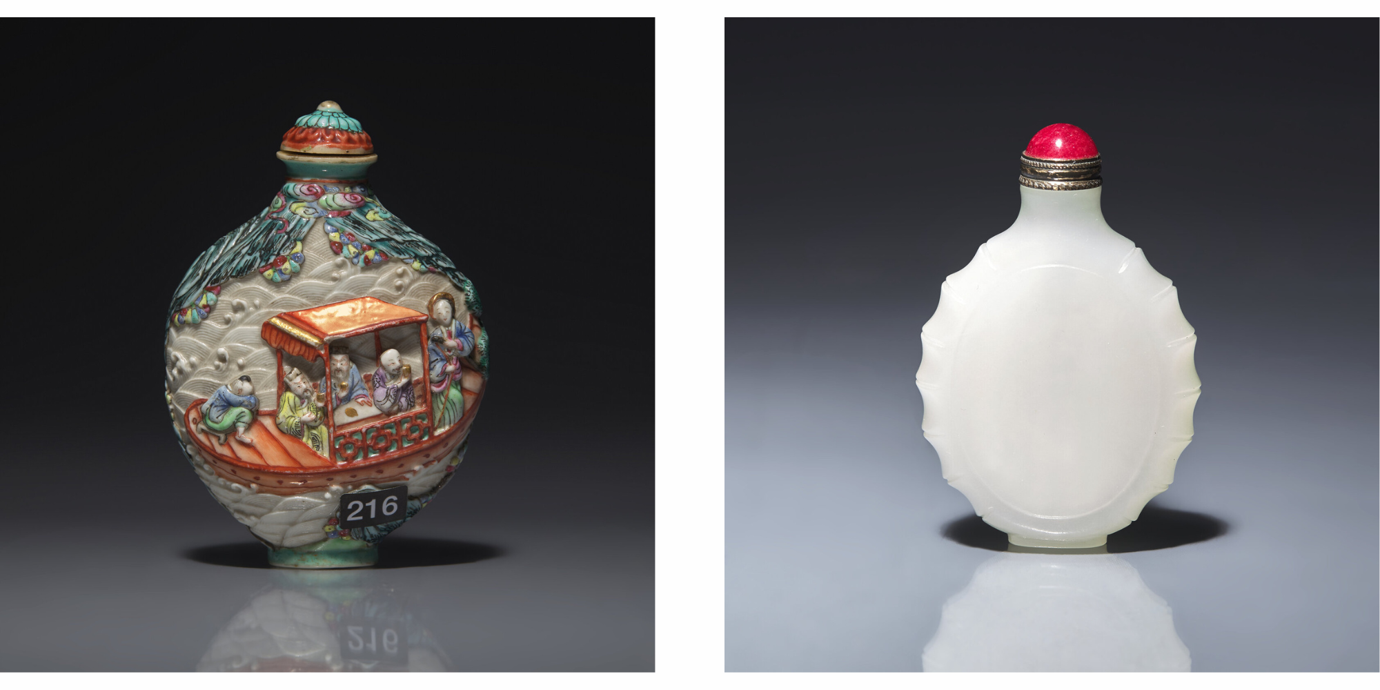 FROM LEFT TO RIGHT: Lot 143: A Chinese Molded and Enameled Porcelain Snuff Bottle, Jiaqing Mark and Probably of the Period| Sold for $10,880 Lot 136: A Chinese White Jade Snuff Bottle| Sold for $10,240