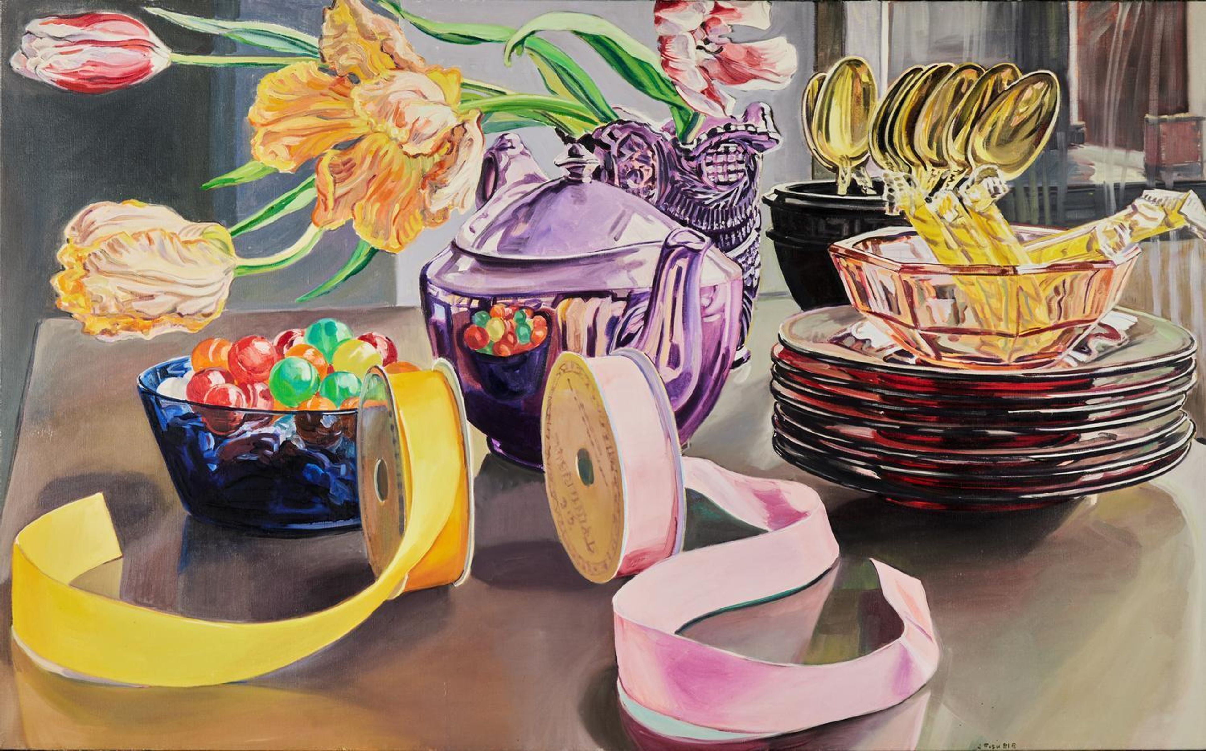 Janet Fish (American, 1938-2025) — Pink Ribbon and Yellow Ribbon, 1981