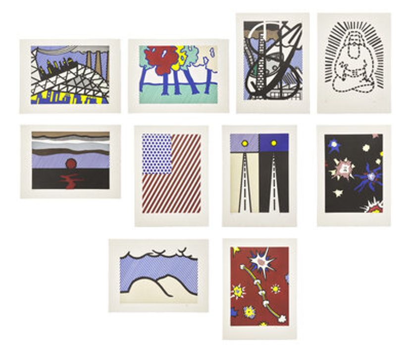 Lot 21: Roy Lichtenstein | La Nouvelle Chute de l'Amérique (the complete portfolio of ten with text by Allen Ginsberg and portfolio case), 1992 | Sold for $82,550