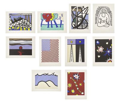 Lot 21: Roy Lichtenstein | La Nouvelle Chute de l'Amérique (the complete portfolio of ten with text by Allen Ginsberg and portfolio case), 1992 | Sold for $82,550
